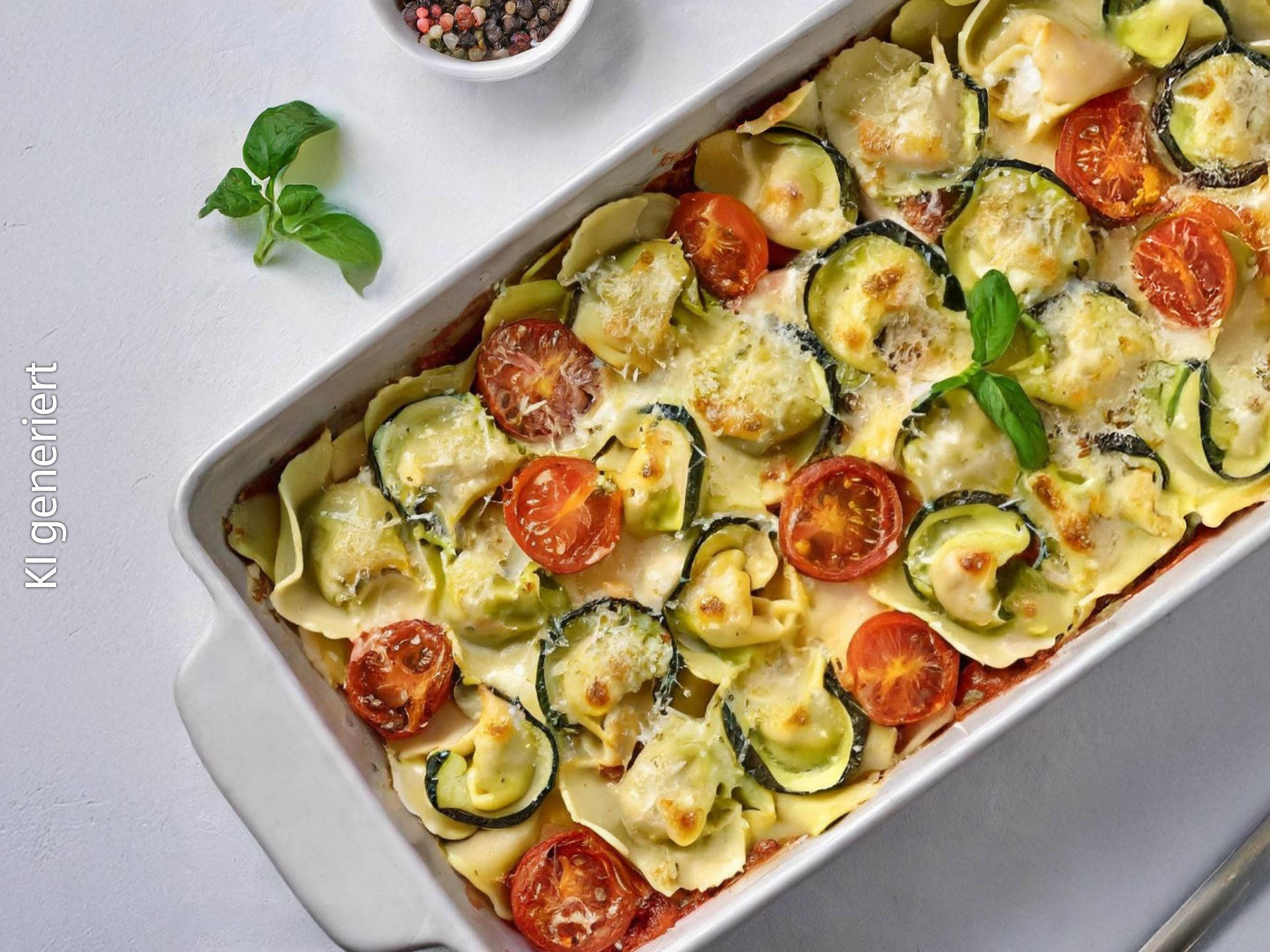 Serviervorschlag: Tortellini-Auflauf mit Zucchini und Tomaten
