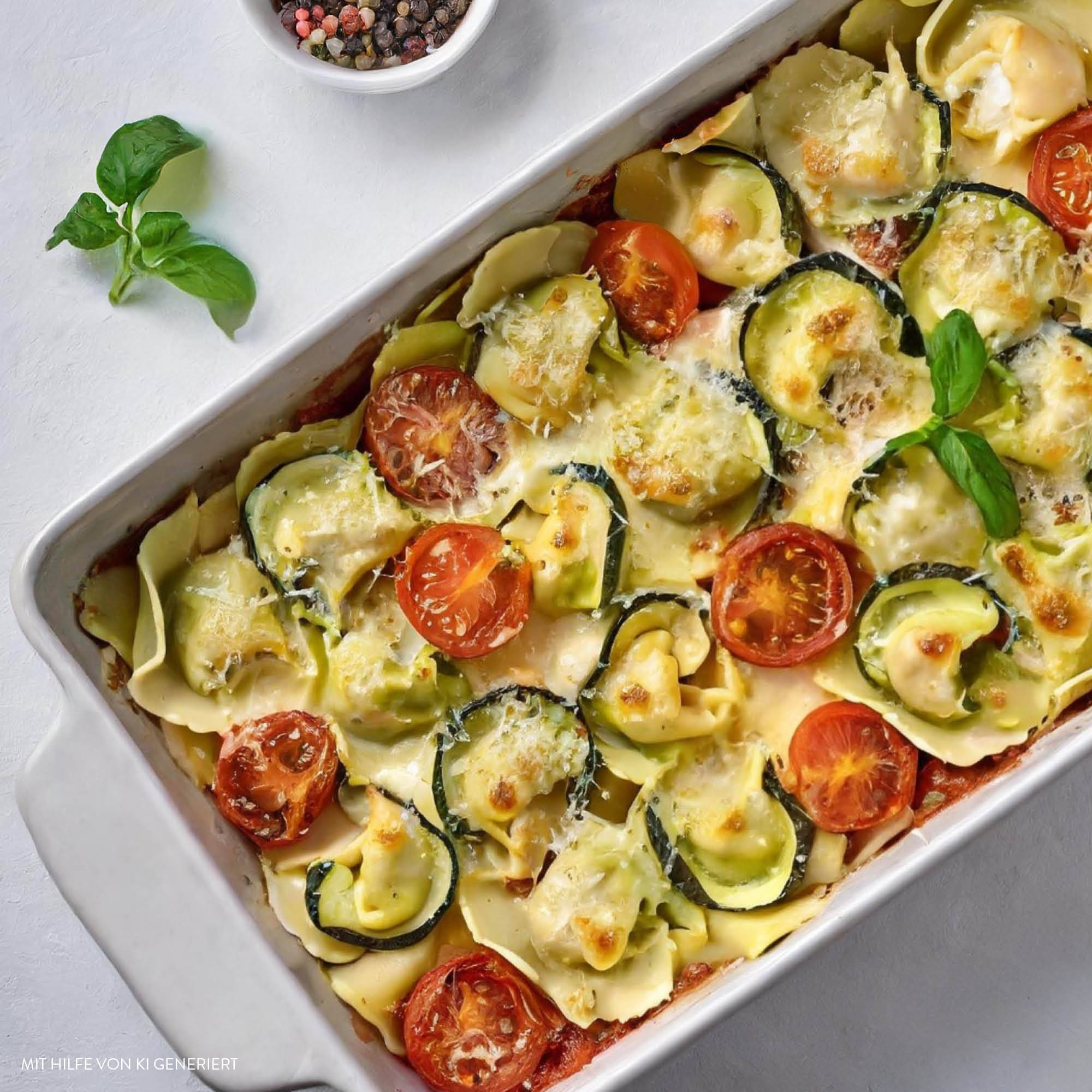 Serviervorschlag: Tortellini-Auflauf mit Zucchini und Tomaten