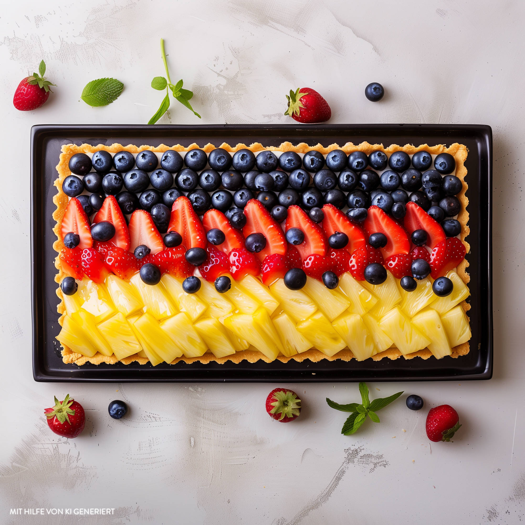 Serviervorschlag: Blechkuchen mit bunten Früchten