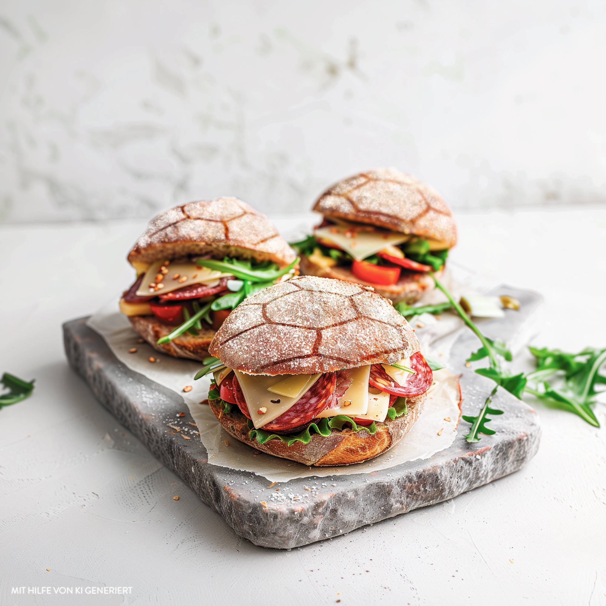Serviervorschlag: Fußball-Brötchen auf einem Holzbrett