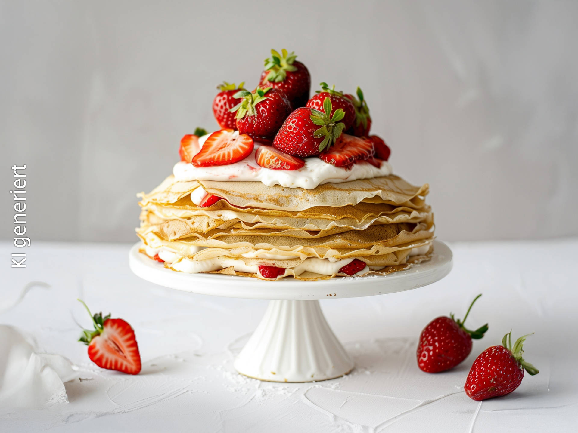 Serviervorschlag: Crêpe-Torte mit Erdbeeren
