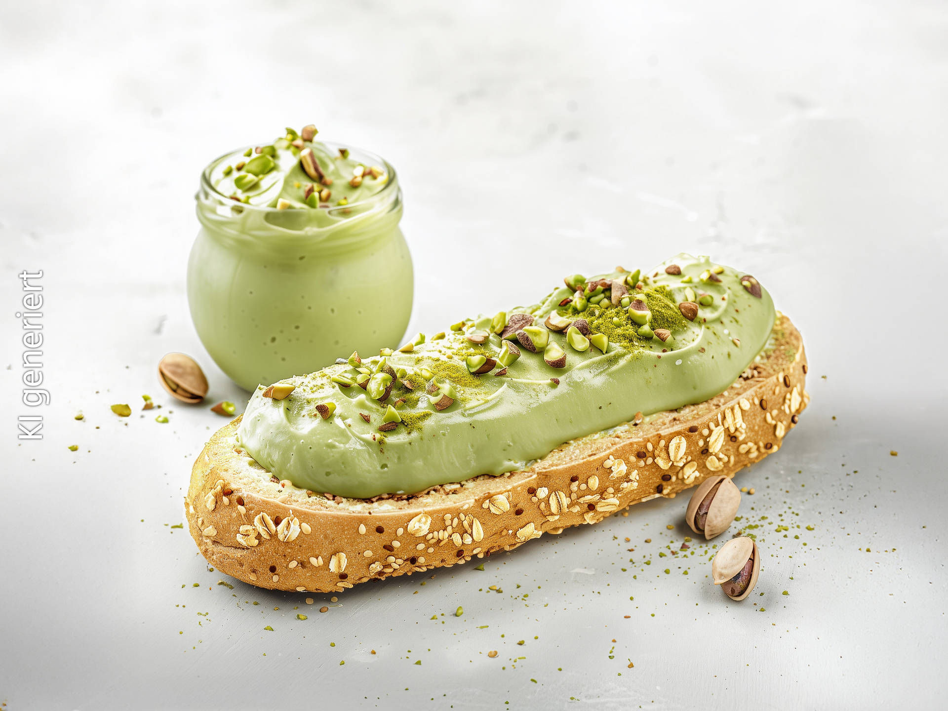 Serviervorschlag: Dinkelvollkorn-Krusti mit Pistazien-Creme 