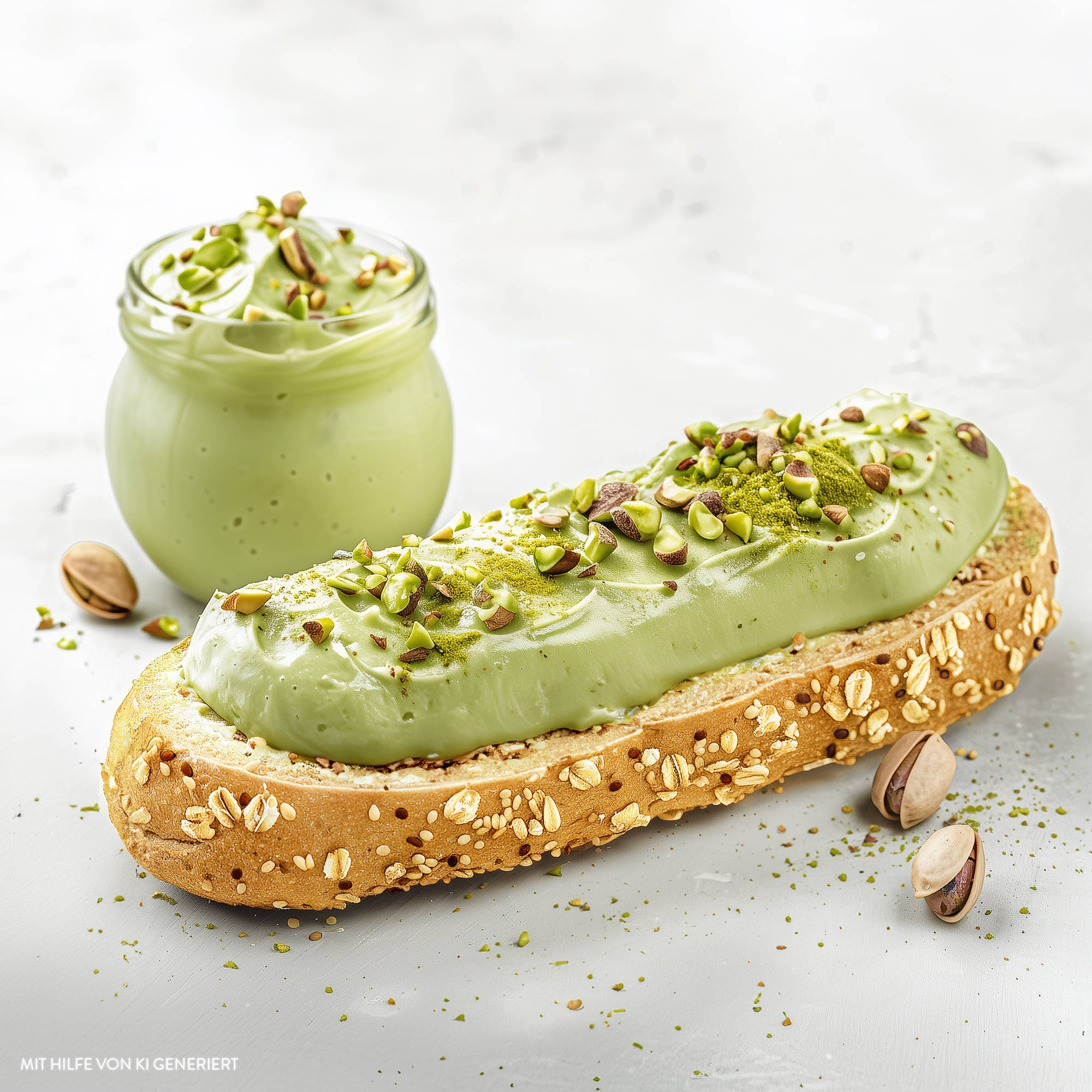 Serviervorschlag: Dinkelvollkorn-Krusti mit Pistazien-Creme 