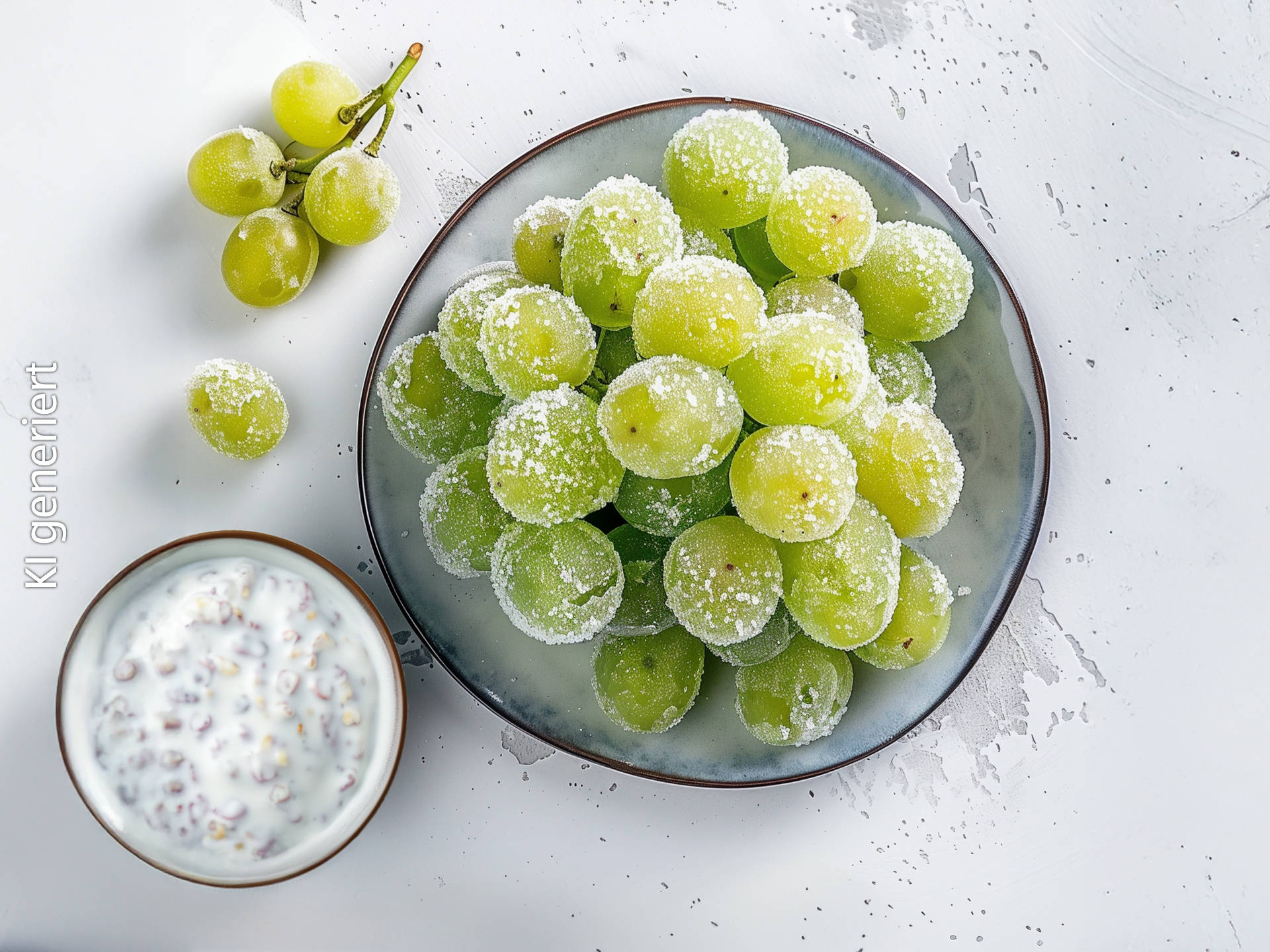 Serviervorschlag: Frozen Sour Grapes mit Joghurt-Dip