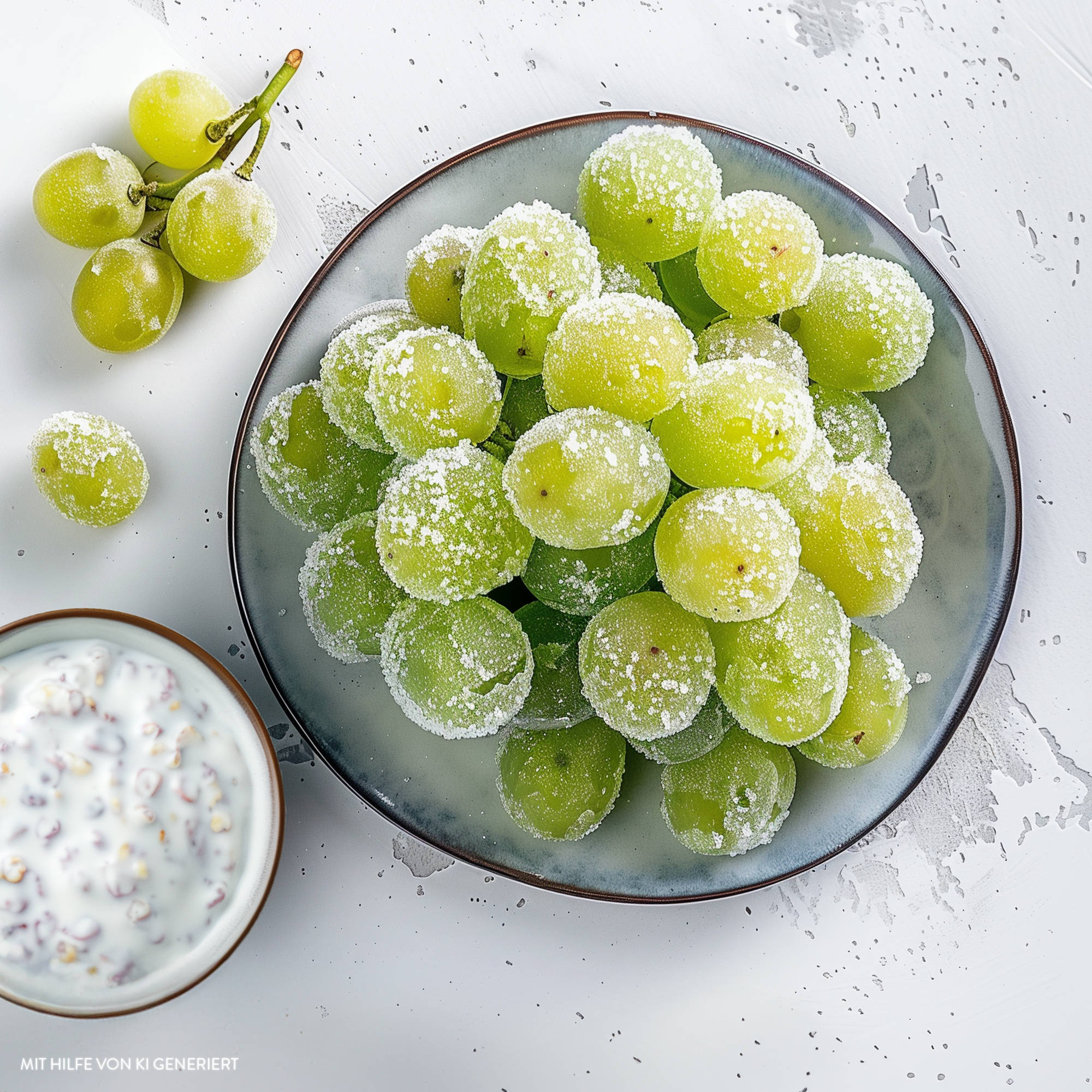 Serviervorschlag: Frozen Sour Grapes mit Joghurt-Dip