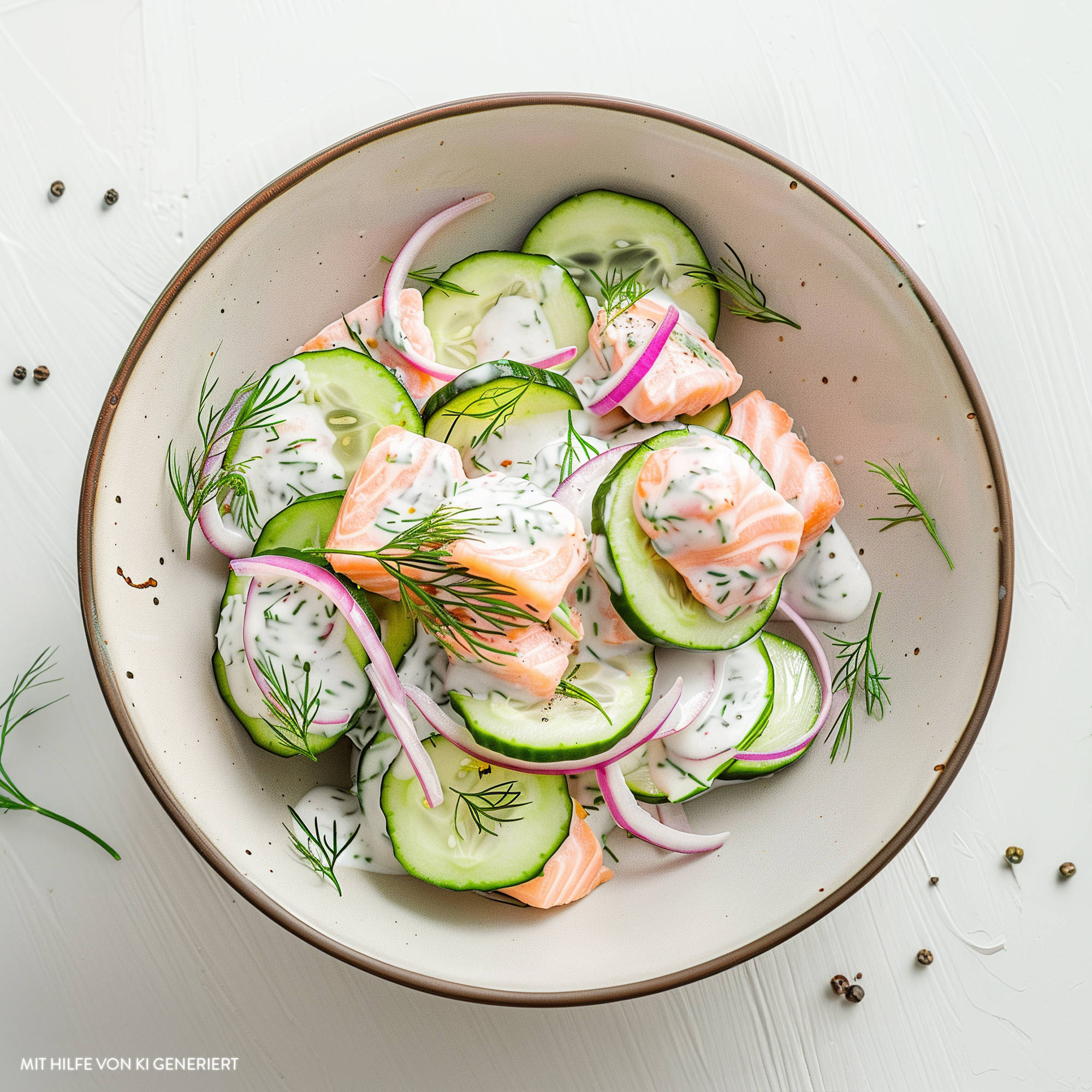 Serviervorschlag: Cremiger Gurkensalat mit Lachs