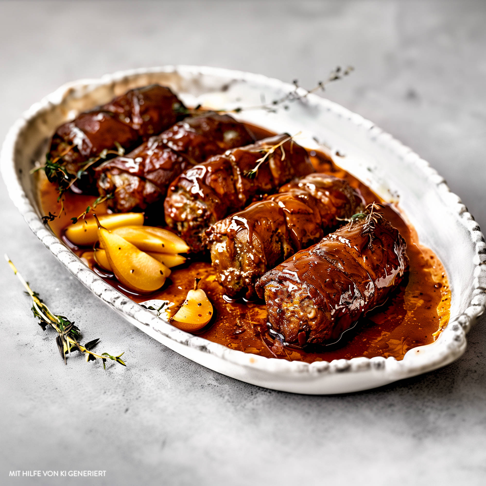 Serviervorschlag: Rinderrouladen mit Birnen