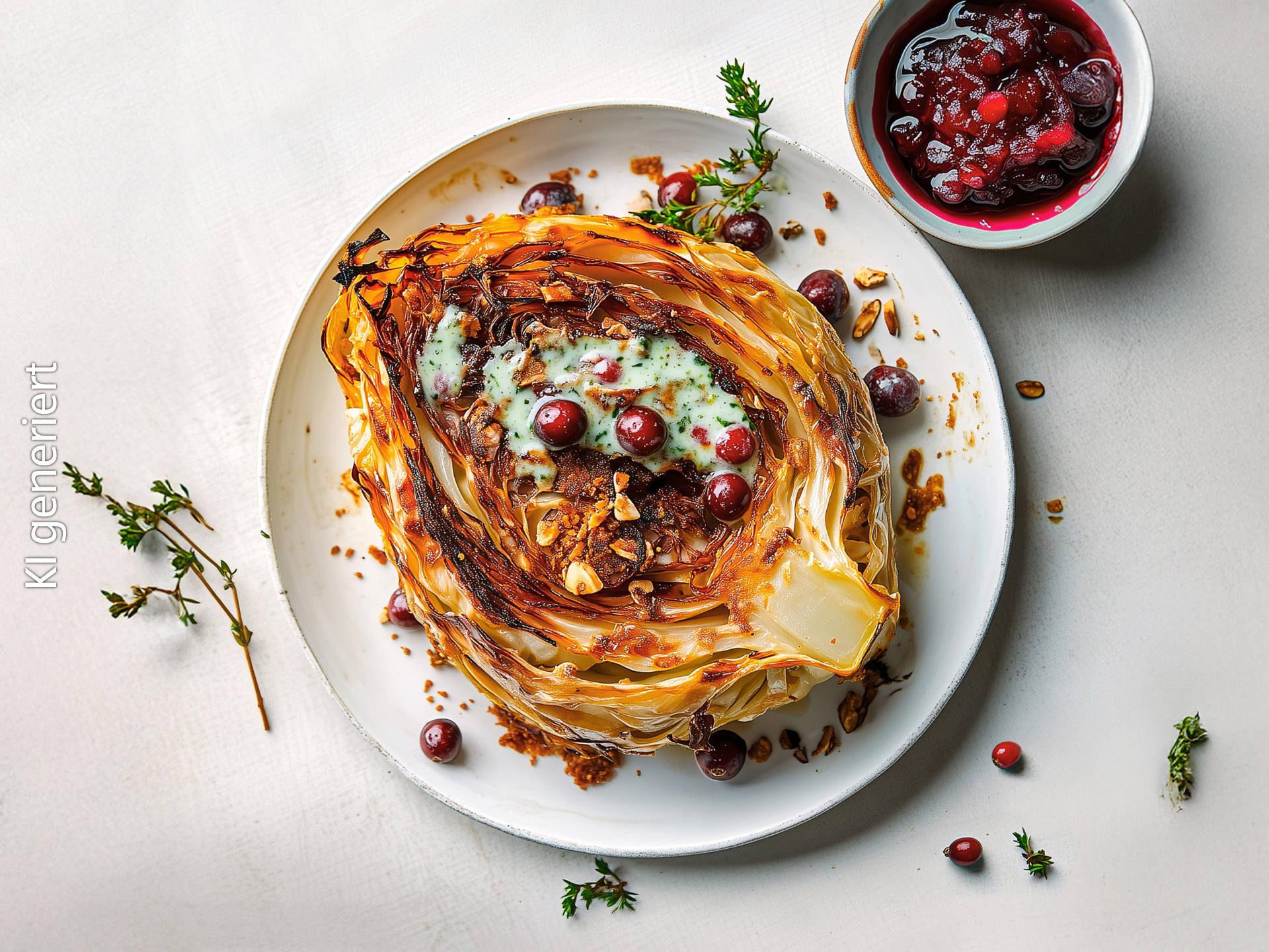 Serviervorschlag: Ofen-Spitzkohl mit Preiselbeeren und Nuss-Topping