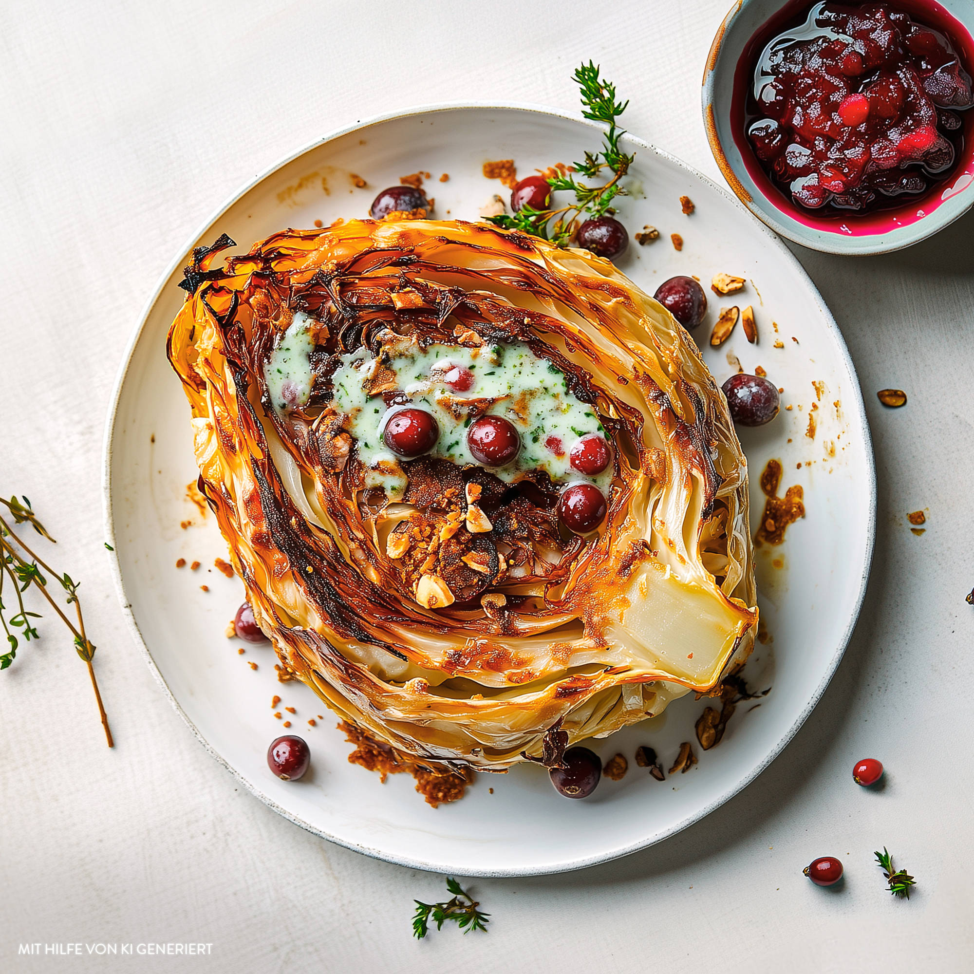 Serviervorschlag: Ofen-Spitzkohl mit Preiselbeeren und Nuss-Topping