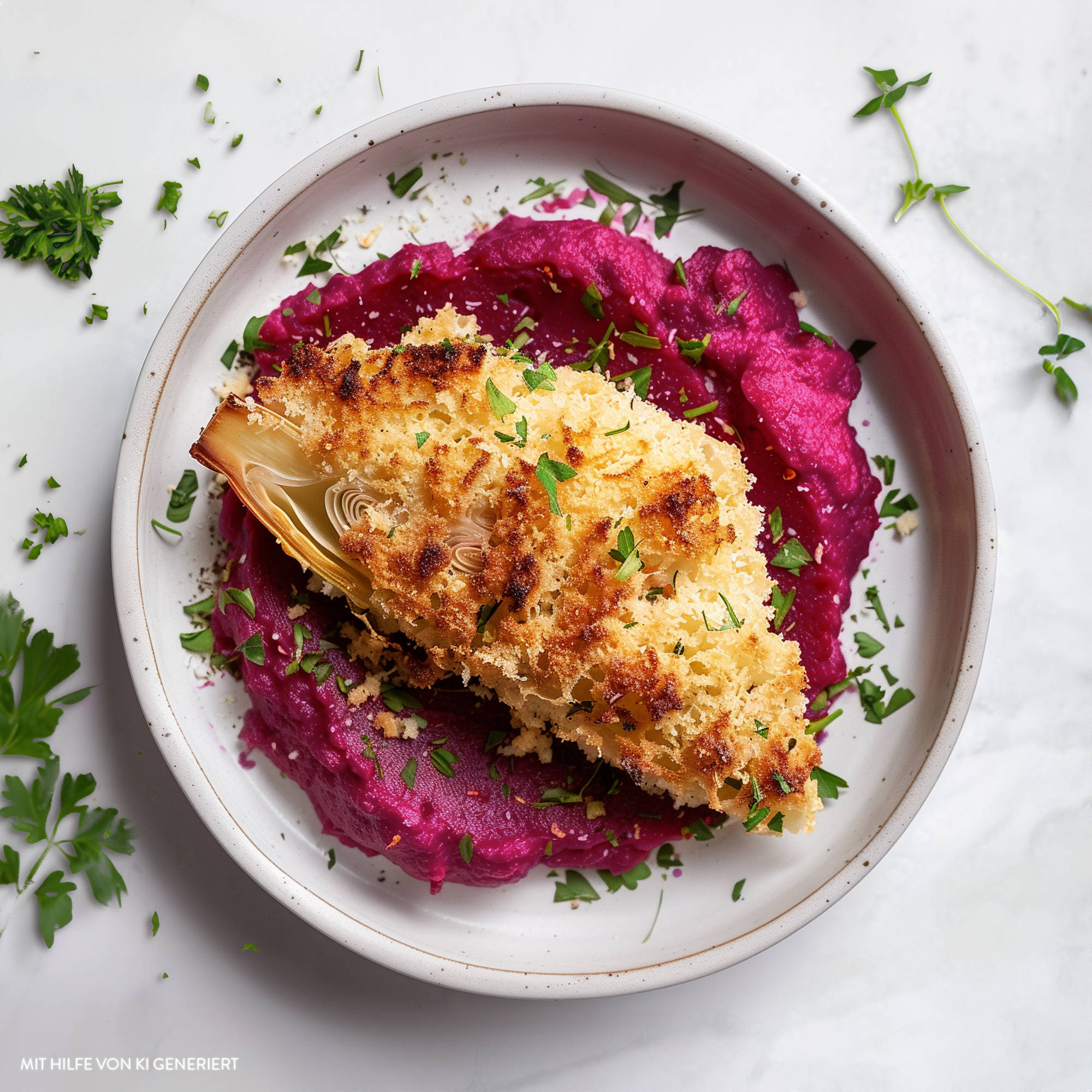 Spitzkohl mit Parmesan-Nusskruste auf Rote-Bete-Püree