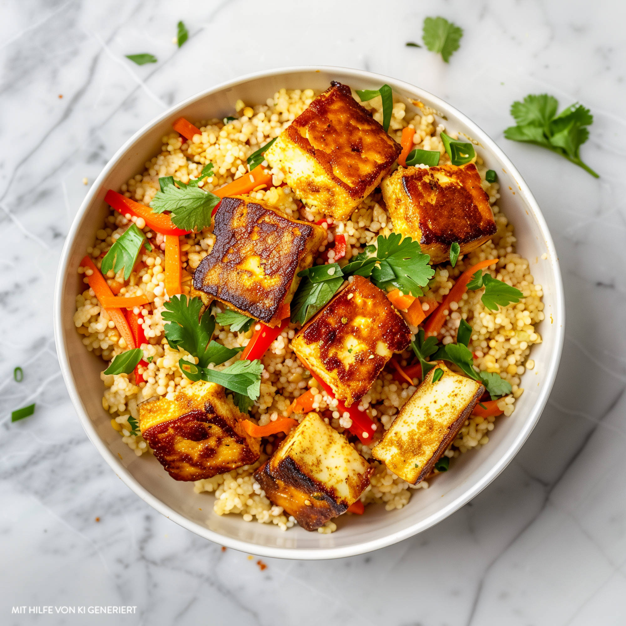 Serviervorschlag: Warmer Couscous-Salat mit Tofu 