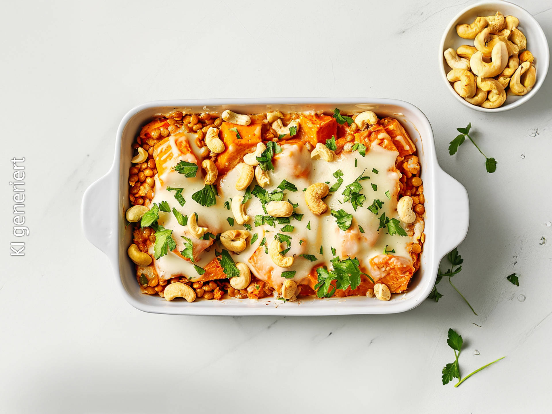 Serviervorschlag: Süßkartoffel-Linsenauflauf mit Nuss-Topping