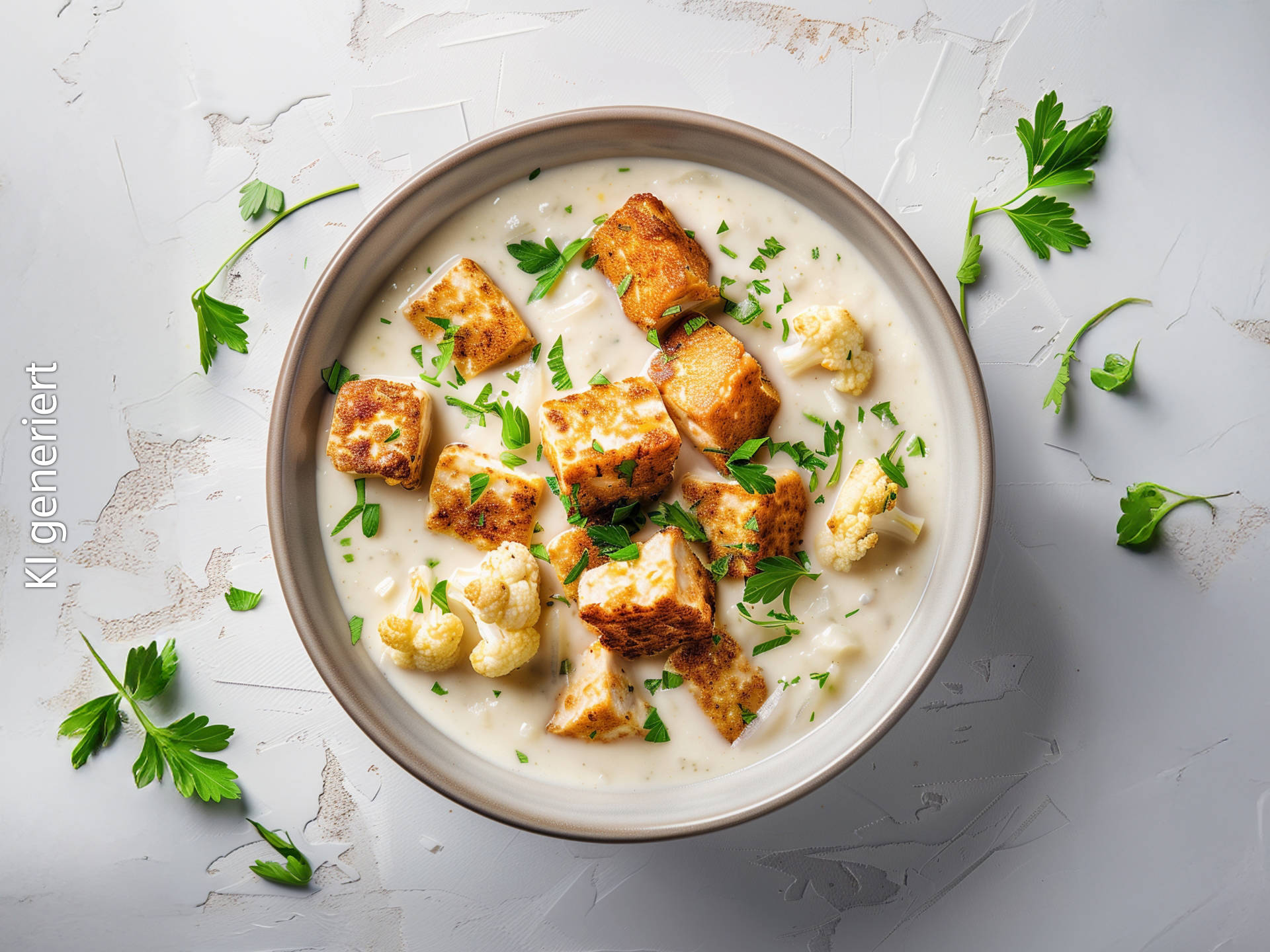 Vegane Blumenkohlsuppe mit knusprigem Tofu