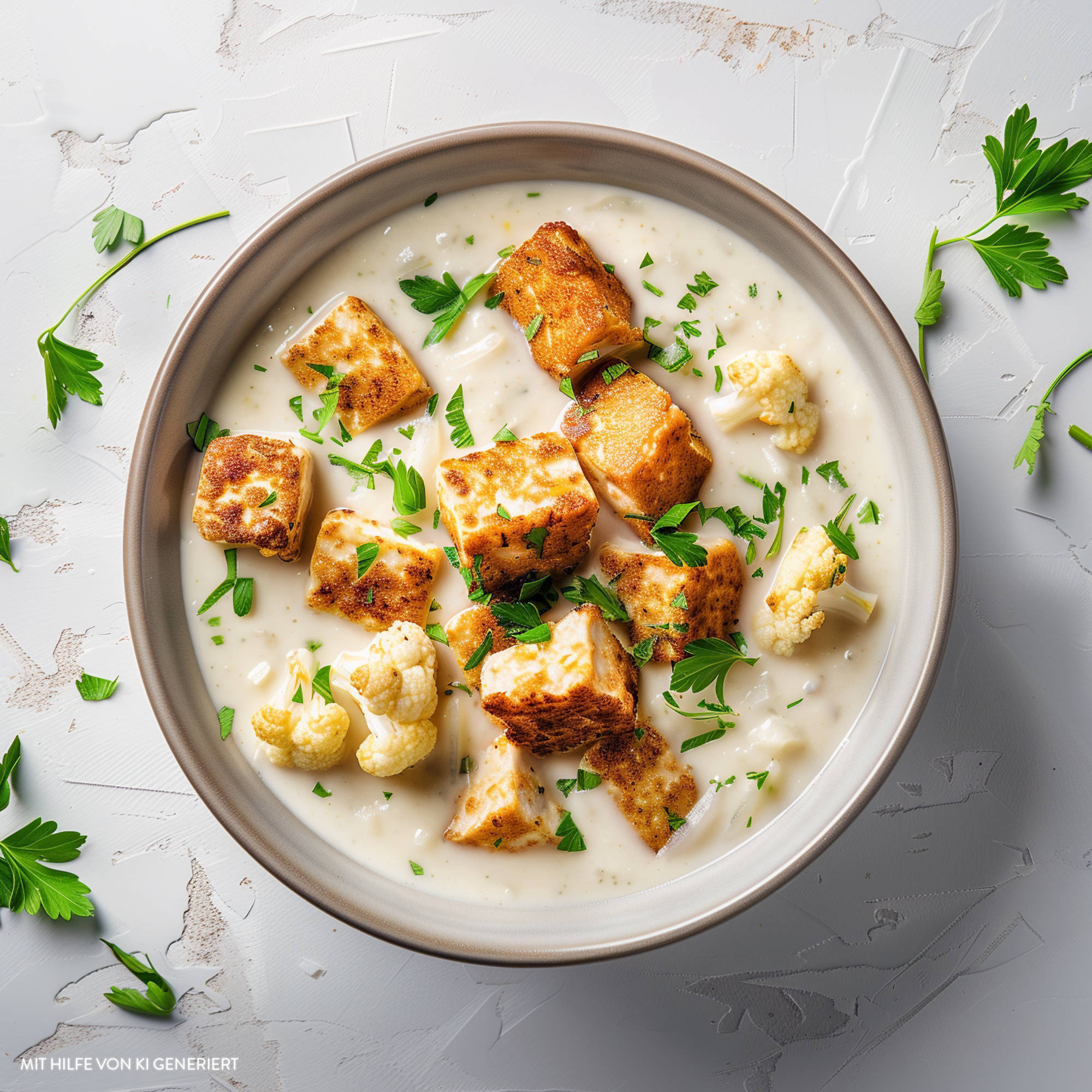 Vegane Blumenkohlsuppe mit knusprigem Tofu