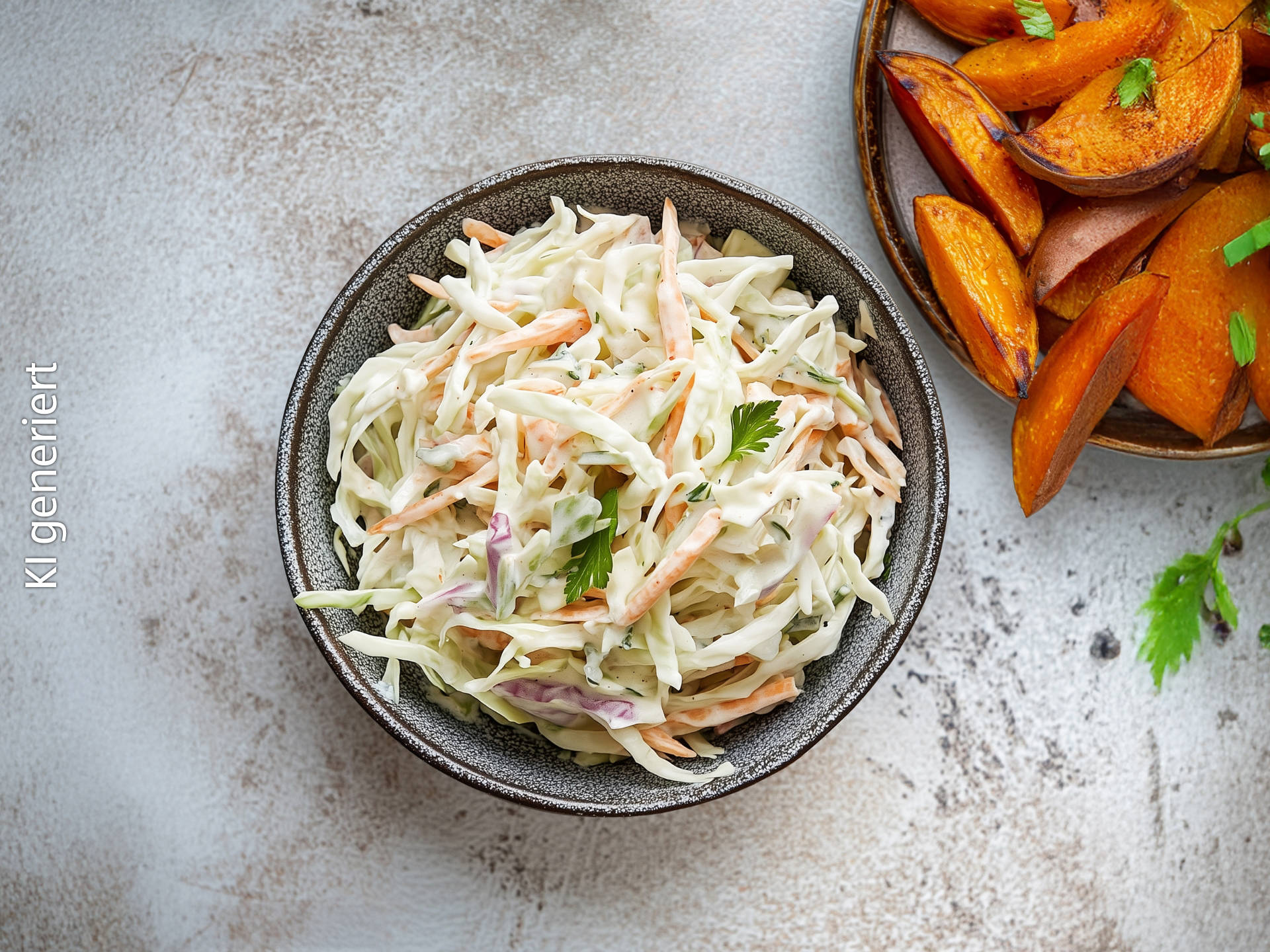 Veganer Coleslaw mit Süßkartoffelspalten