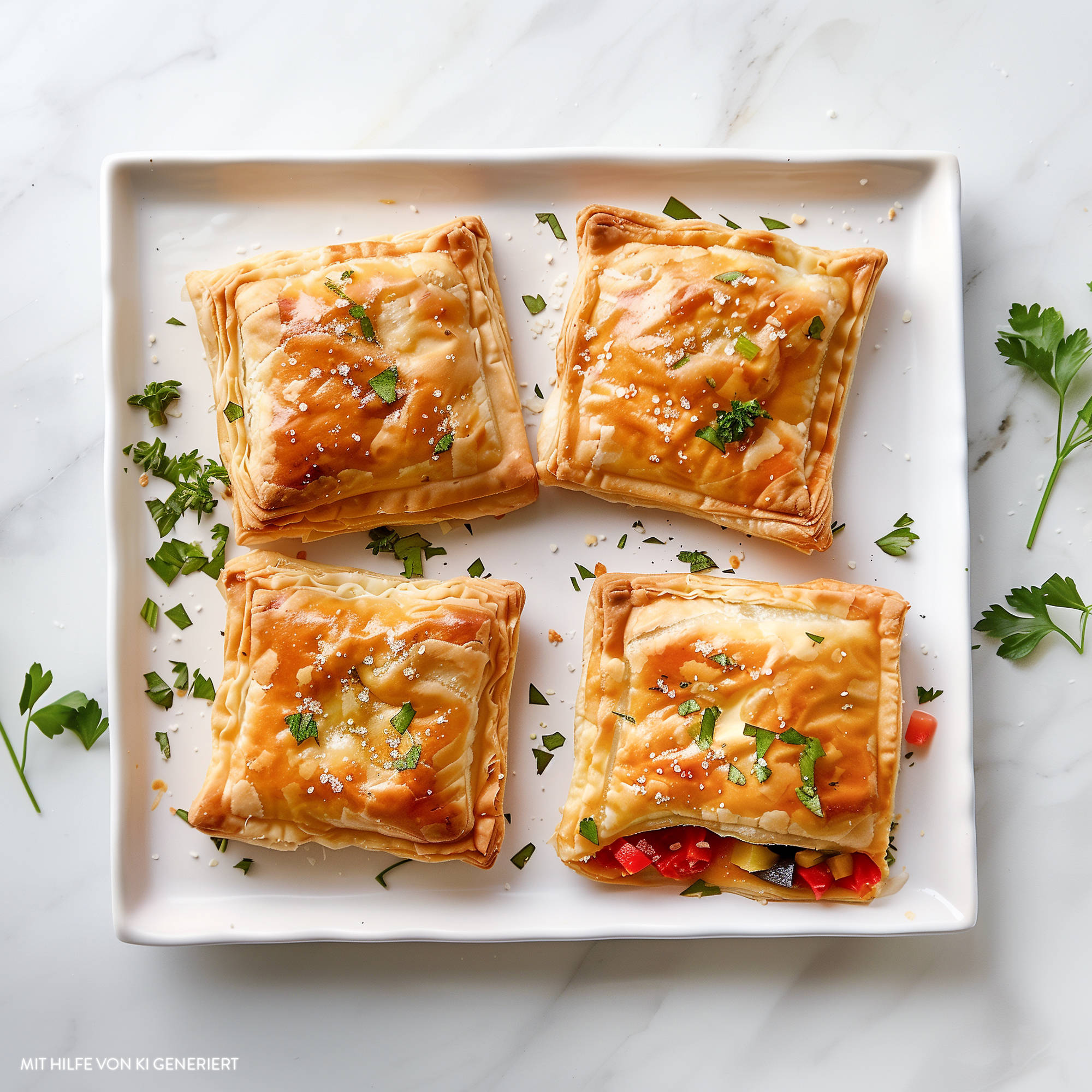 Serviervorschlag: Mini-Blätterteig-Gemüsetaschen 