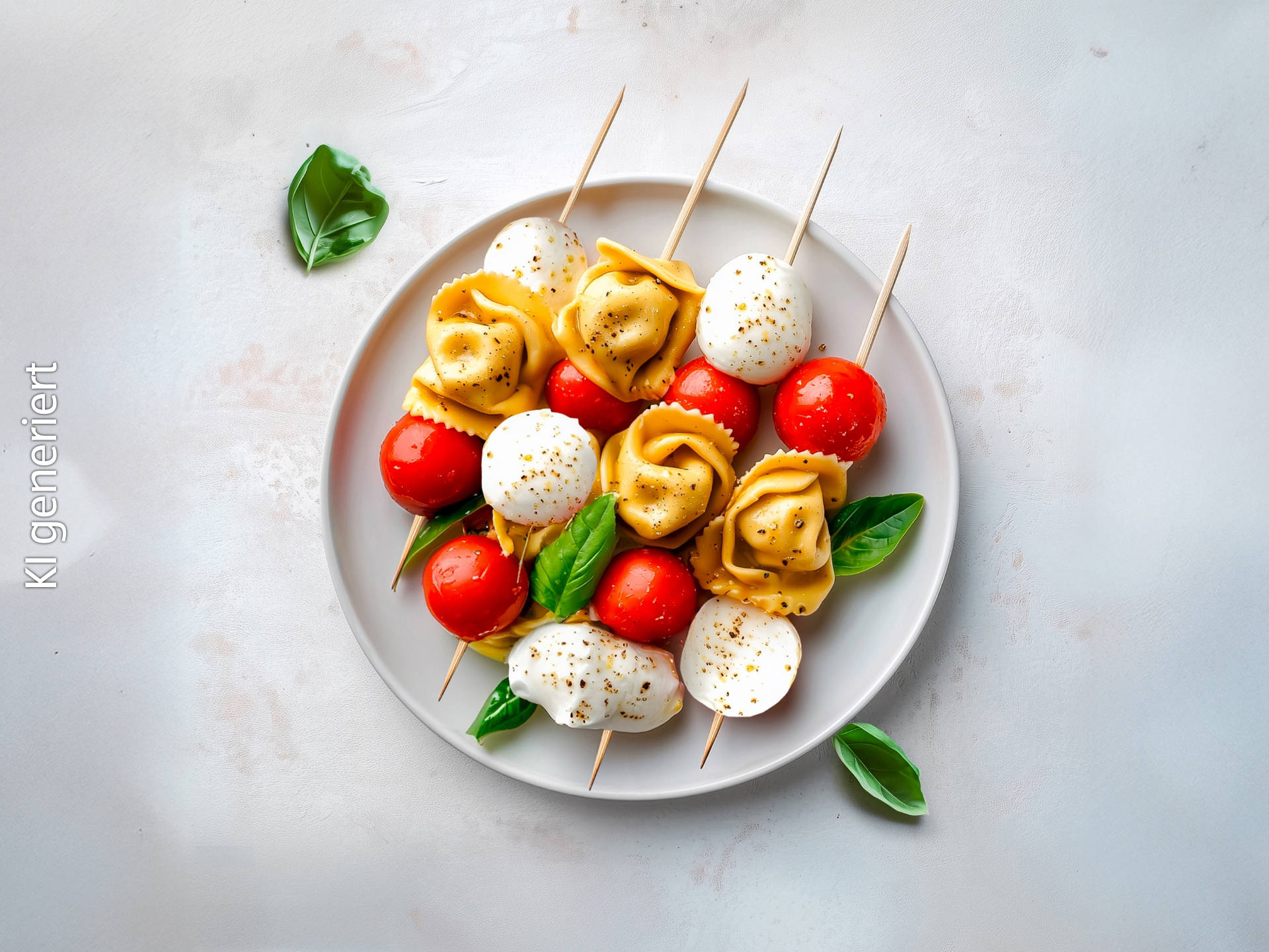Serviervorschlag: Tortelloni-Caprese-Spieße 