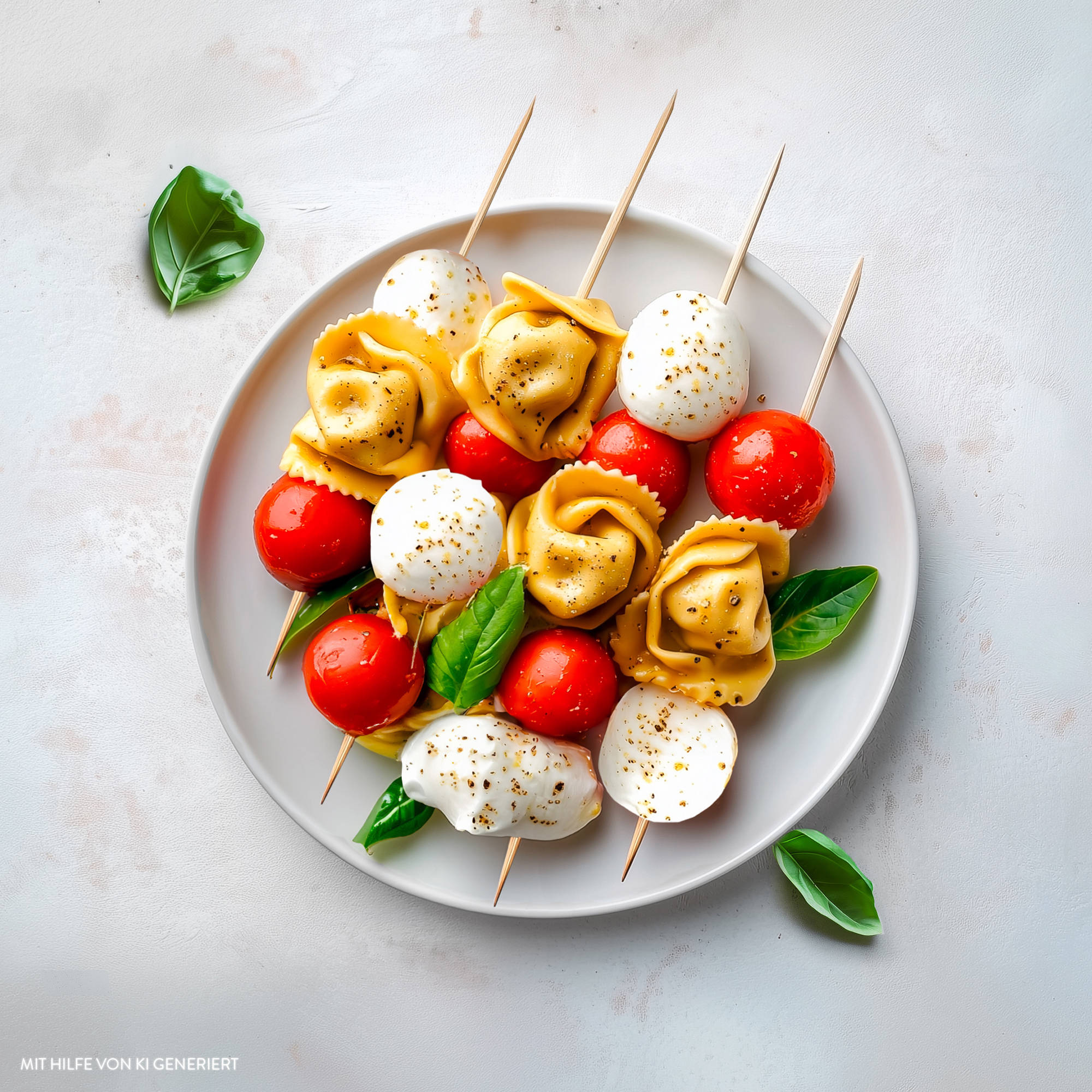 Serviervorschlag: Tortelloni-Caprese-Spieße 
