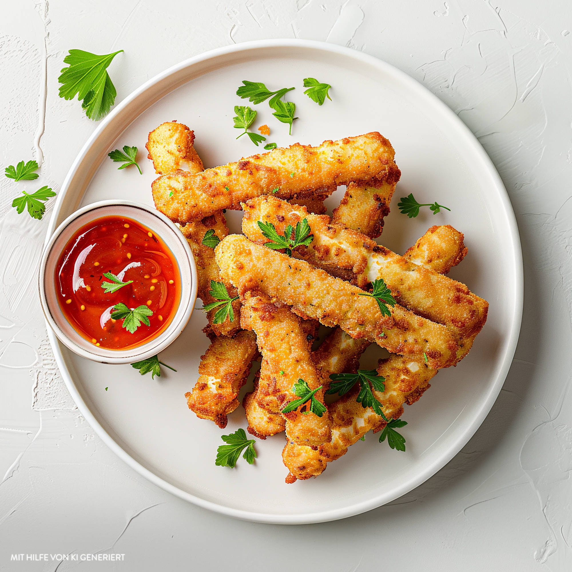 Serviervorschlag: Mozzarella-Sticks mit süß-saurer Sauce 