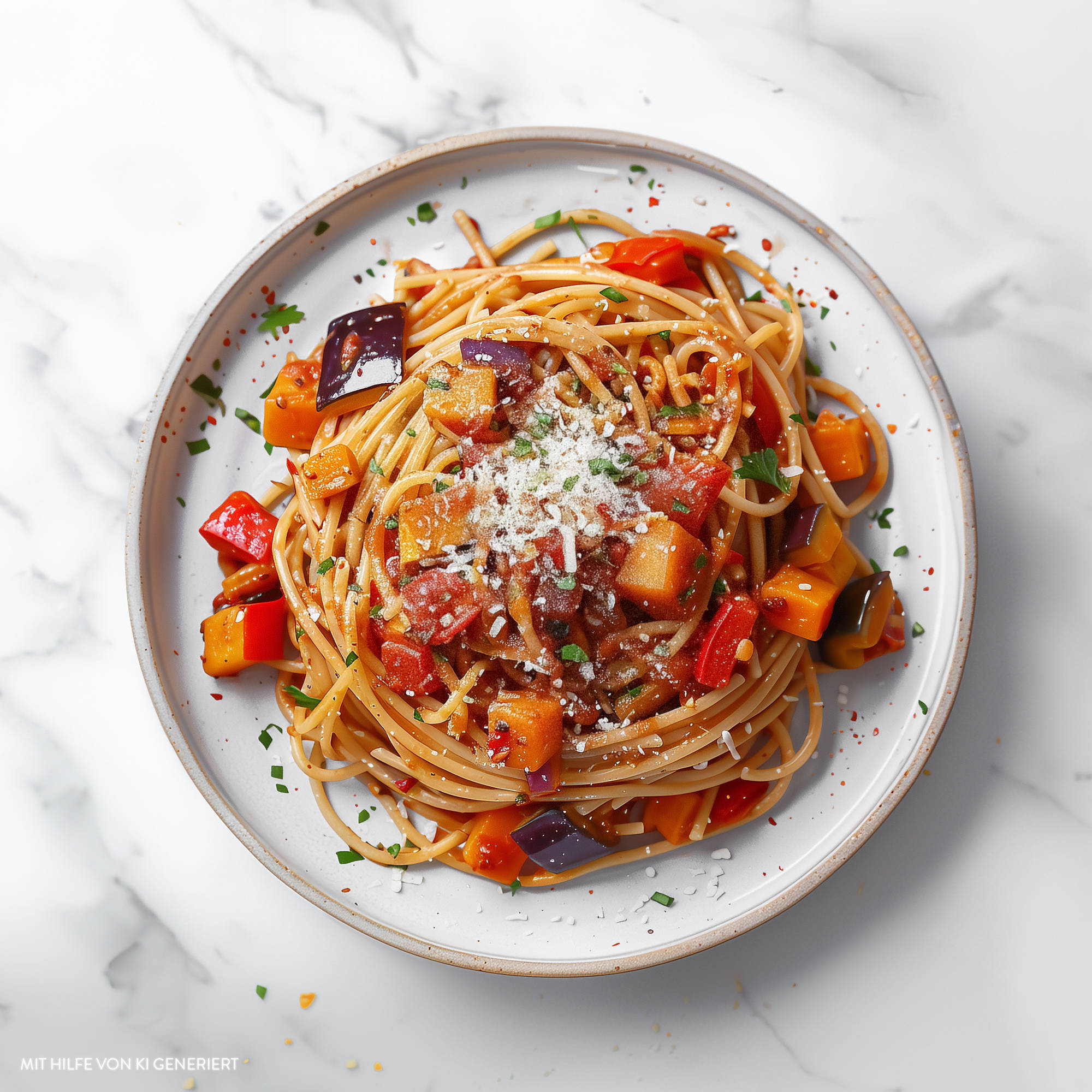 Dinkelspaghetti mit Gemüse und Tomatensauce