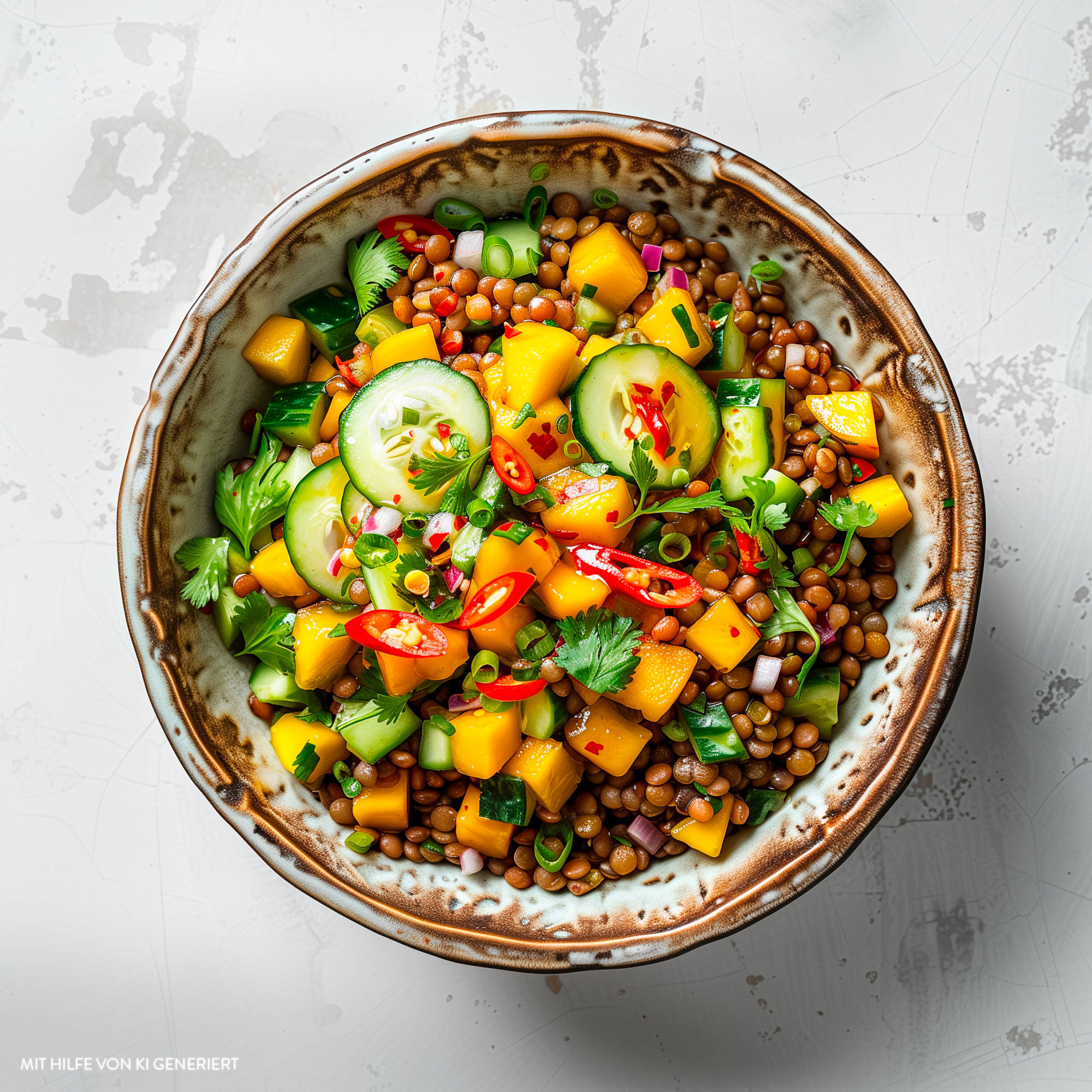 Serviervorschlag: Mango-Linsen-Salat mit Orangen-Dressing