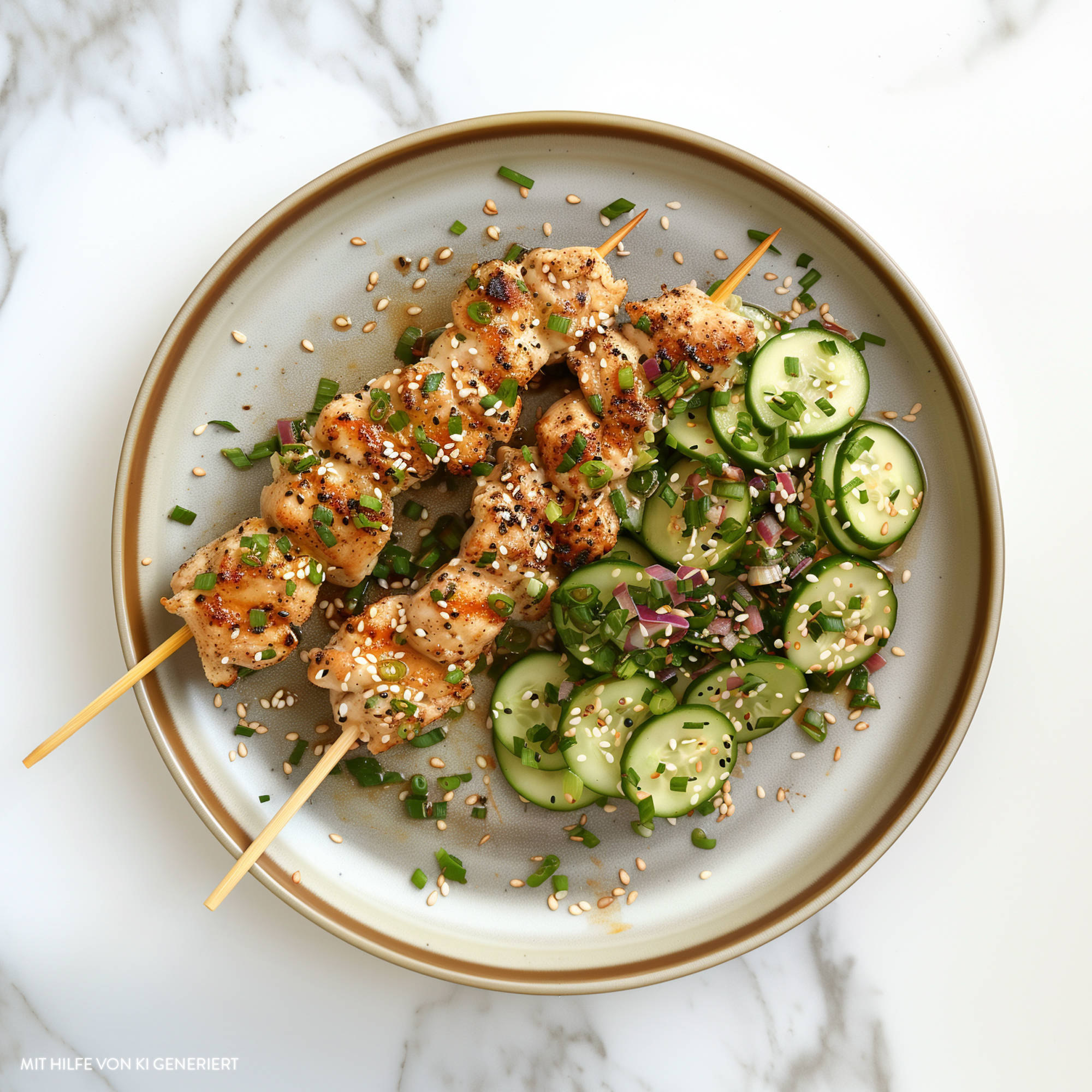 Teriyaki-Hähnchenspieße mit Gurkensalat 