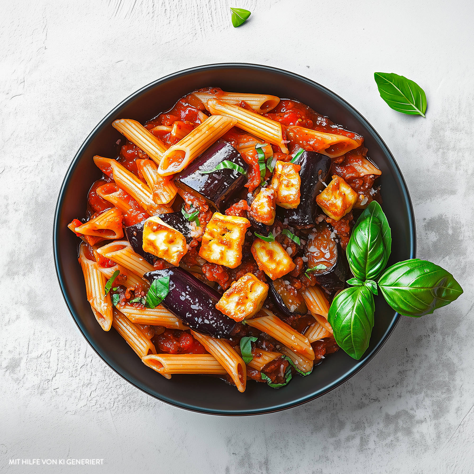 Serviervorschlag: Auberginen-Pasta mit Halloumi