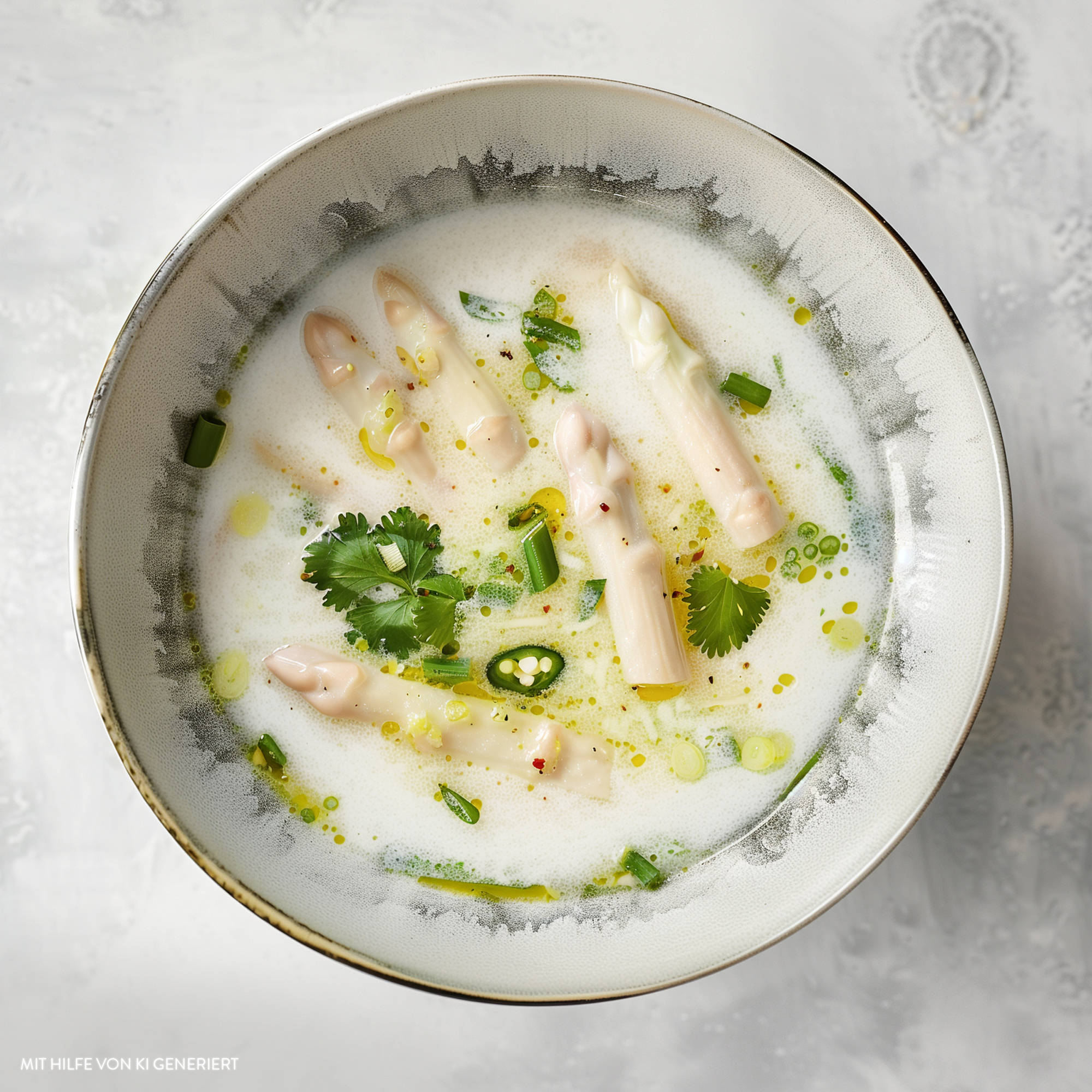 Spargelsuppe mit Erdbeerschaum