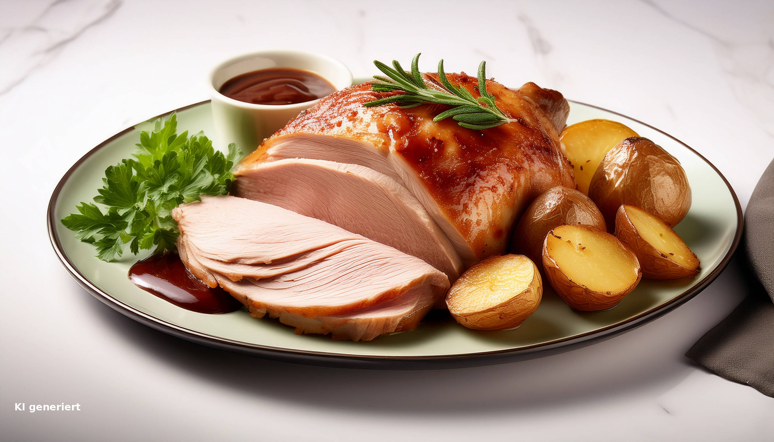 Serviervorschlag: Festliches Gänsebrustfilet mit Hibiskusblüten-Lebkuchensoße