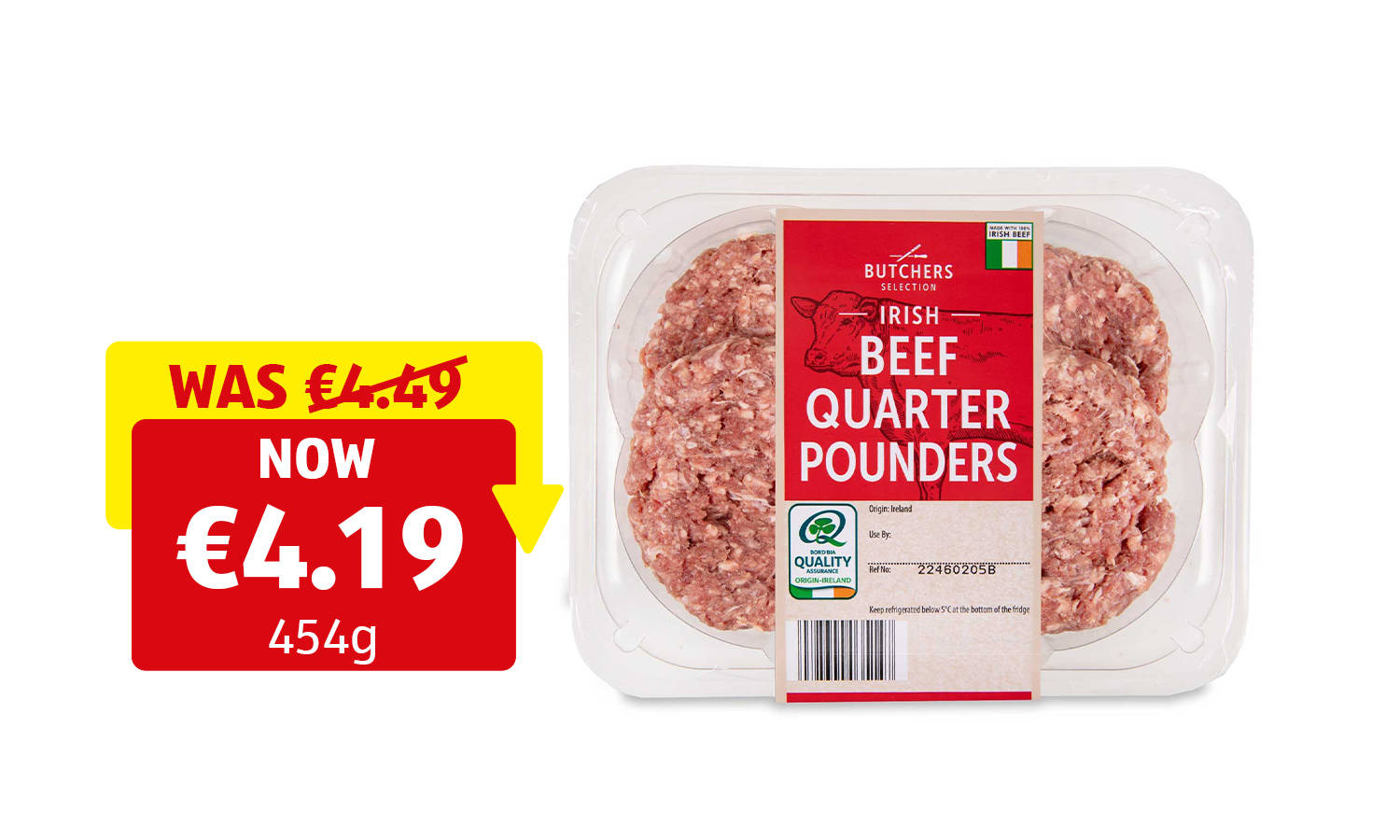 Image of beef quarter pounders featuring the Bord Bia quality assurance logo.