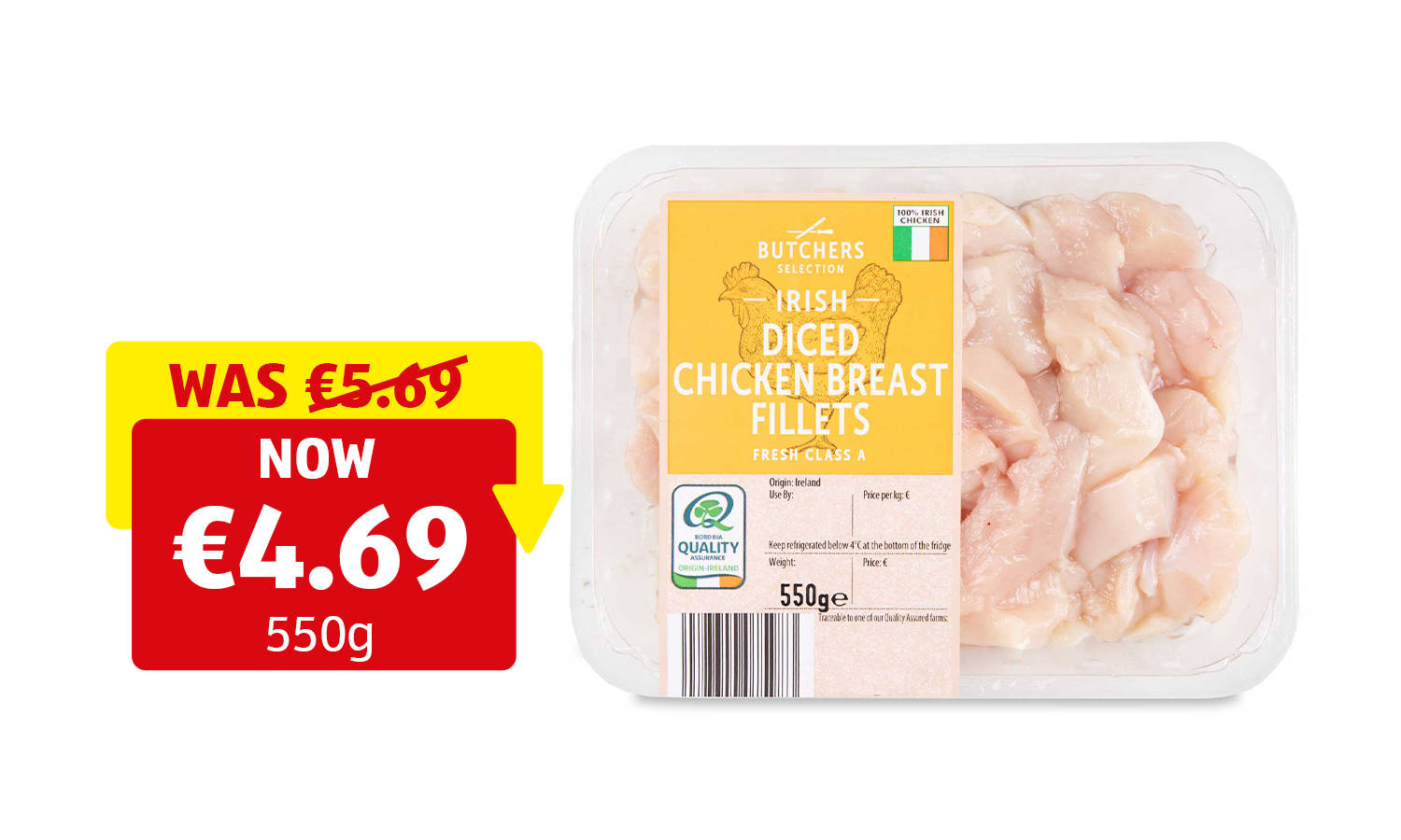Image of Diced Irish chicken fillet pieces fresh and uncooked, with the Bord Bia quality. assurance logo in the corner.