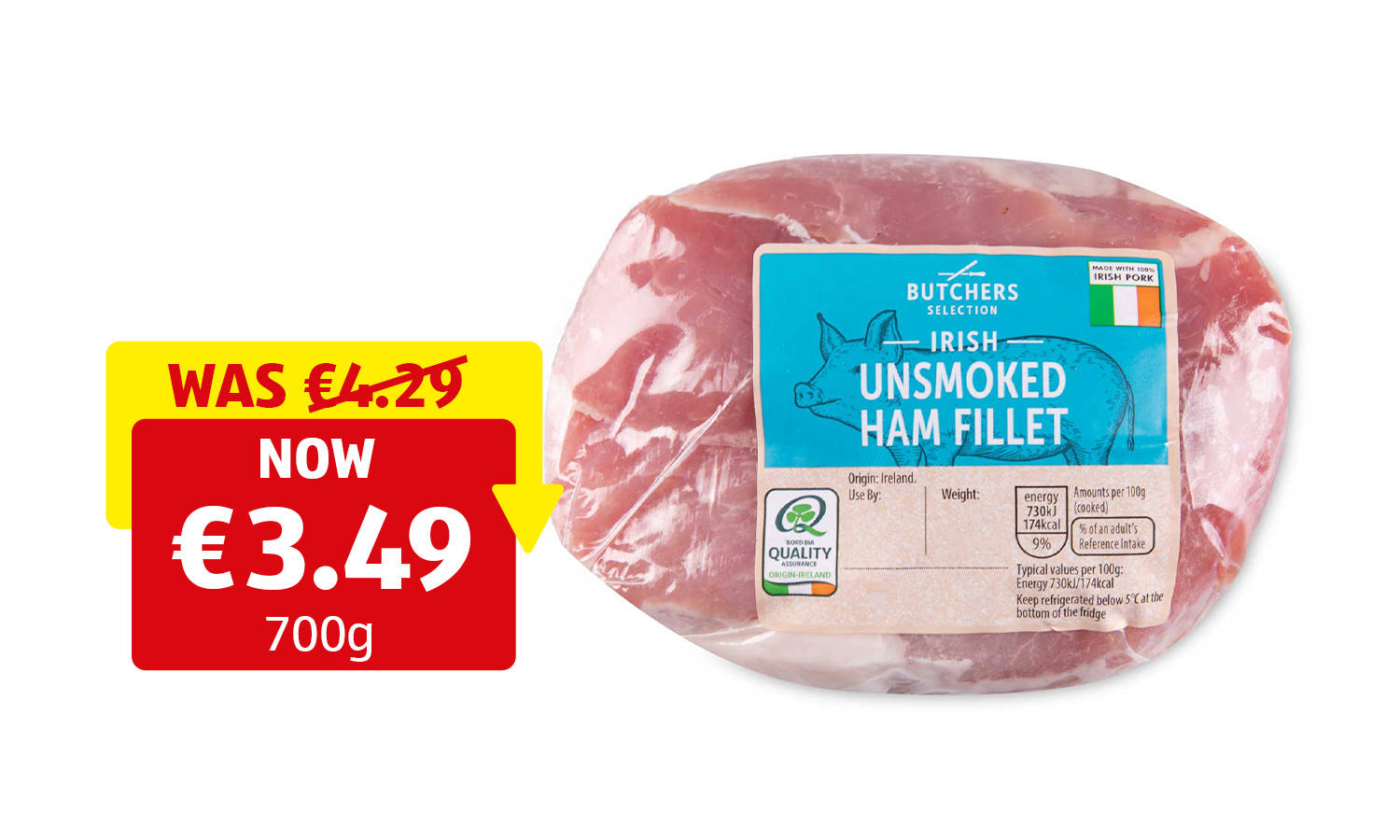 Image of unsmoked Irish ham fillet featuring the Bord Bia quality assurance logo.