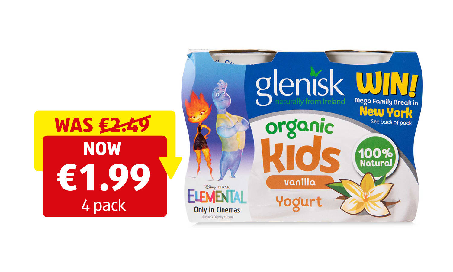 Four-pack of organic fruit pots featuring apple, apricot, and strawberry flavours, displayed in clear packaging.