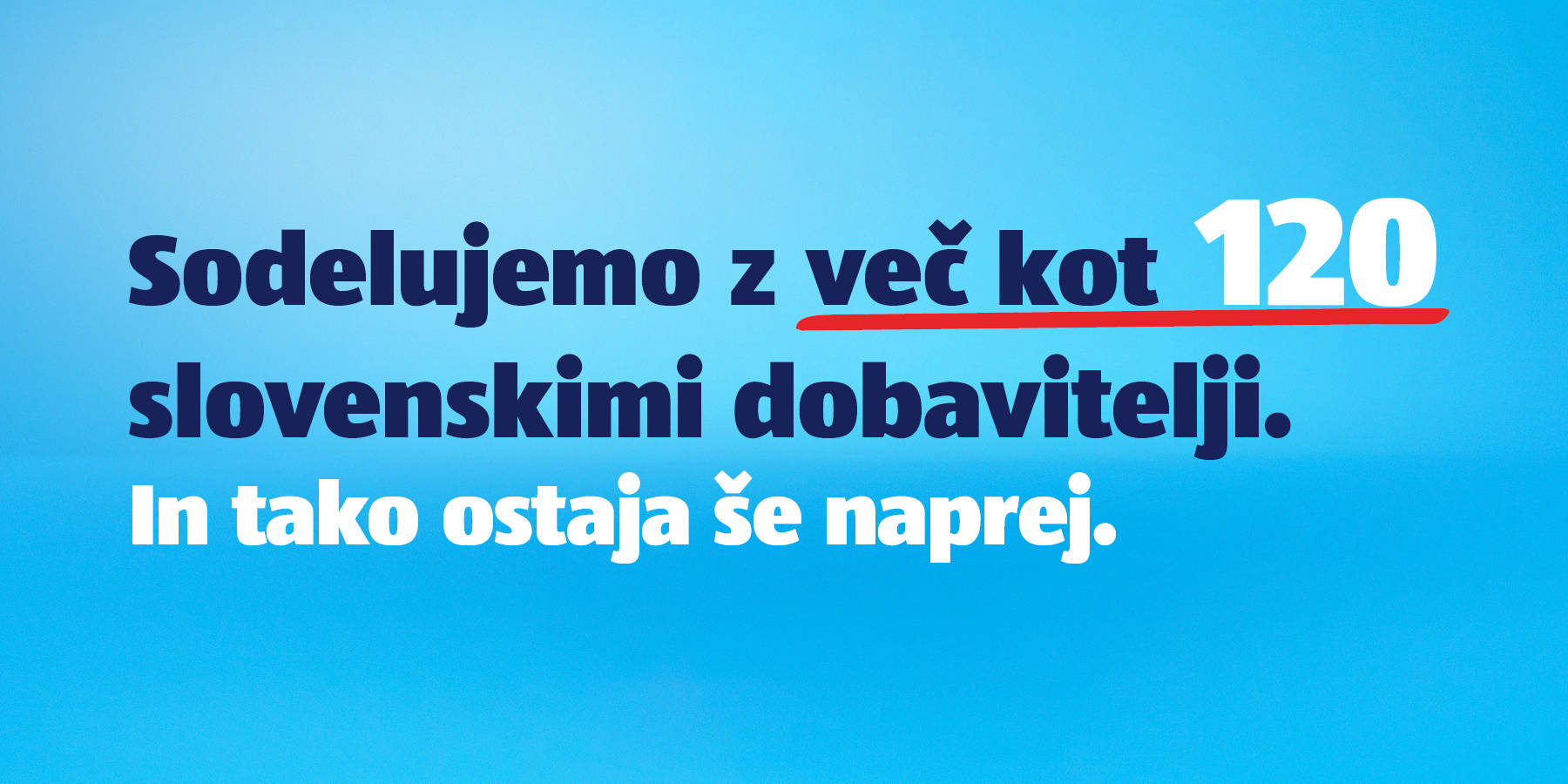 Modro ozadje z napisom o več kot 120 slovenskimi dobavitelji