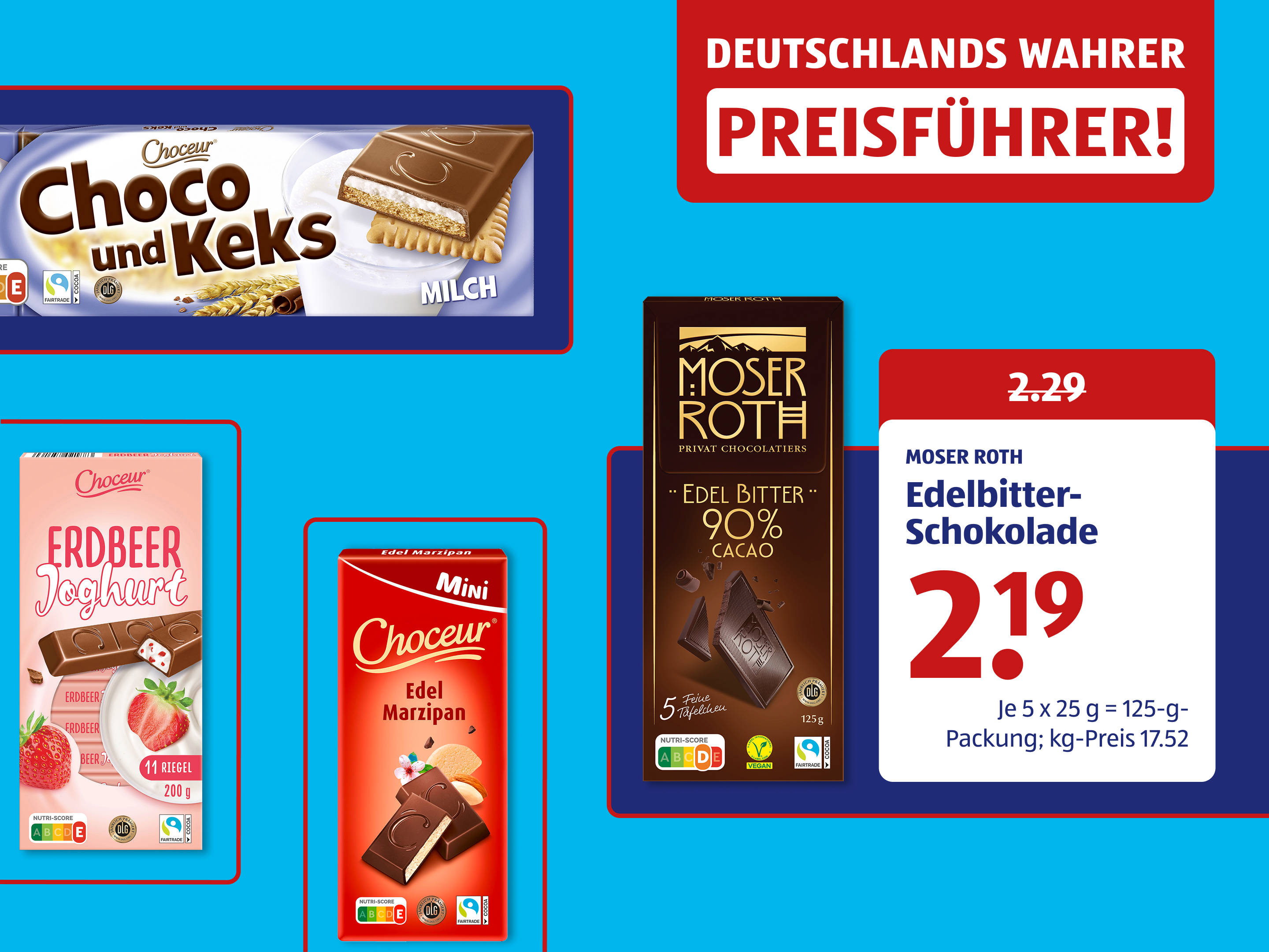 Verschiedene deutsche Schokoladenriegel und Preisanzeige.