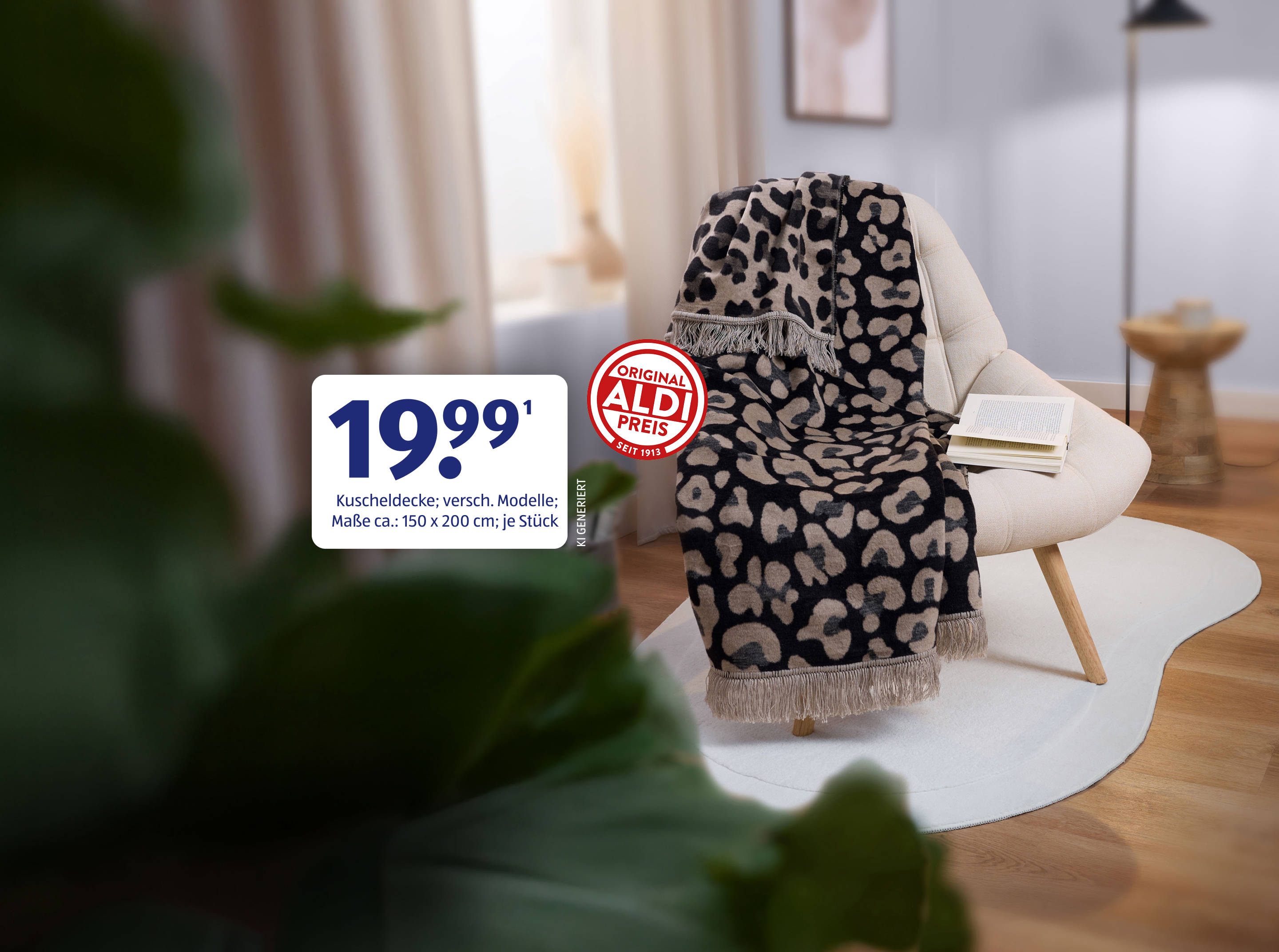 Leopardenmuster-Decke in gemütlichem Wohnzimmer.