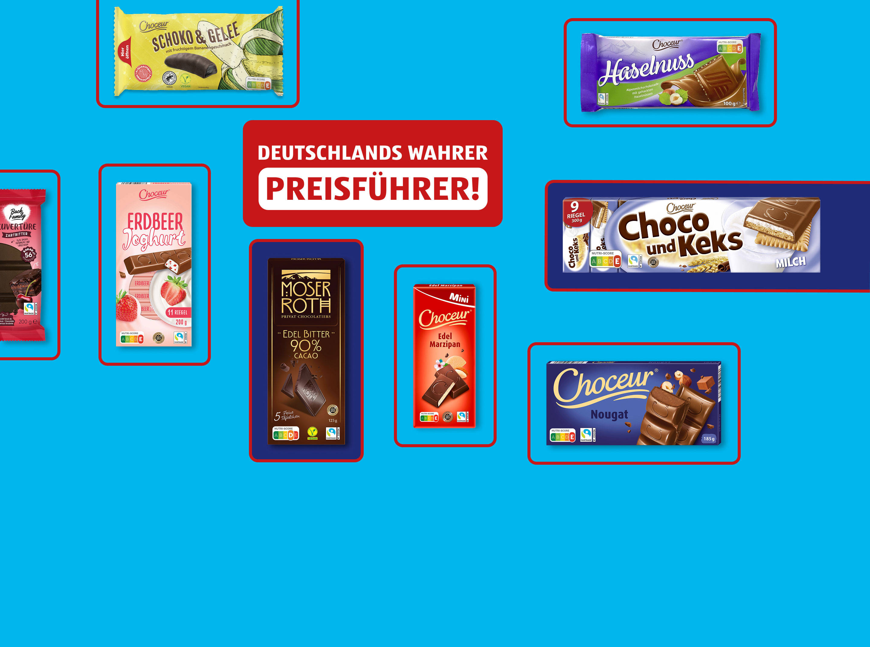 Verschiedene Schokoriegel auf blauem Hintergrund.