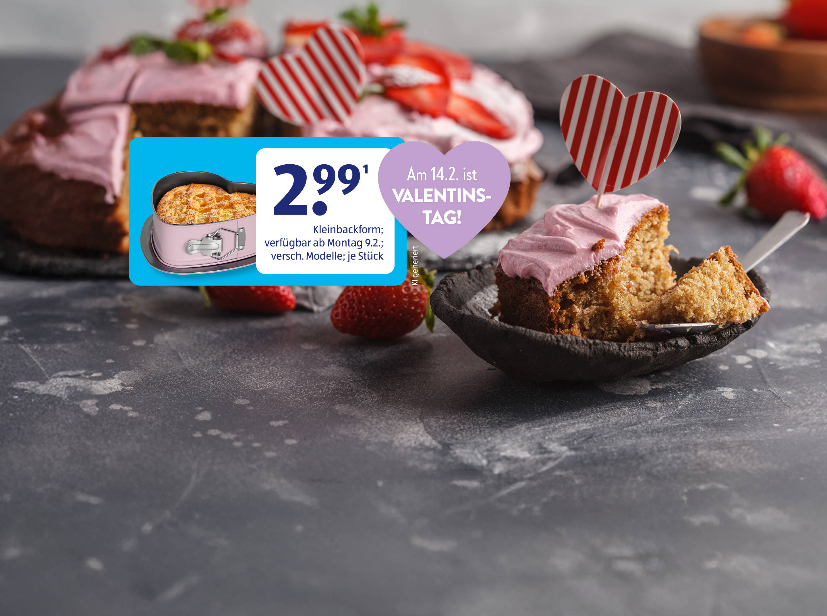 Erdbeerkuchenstück mit rosa Glasur und Herz-Dekoration.