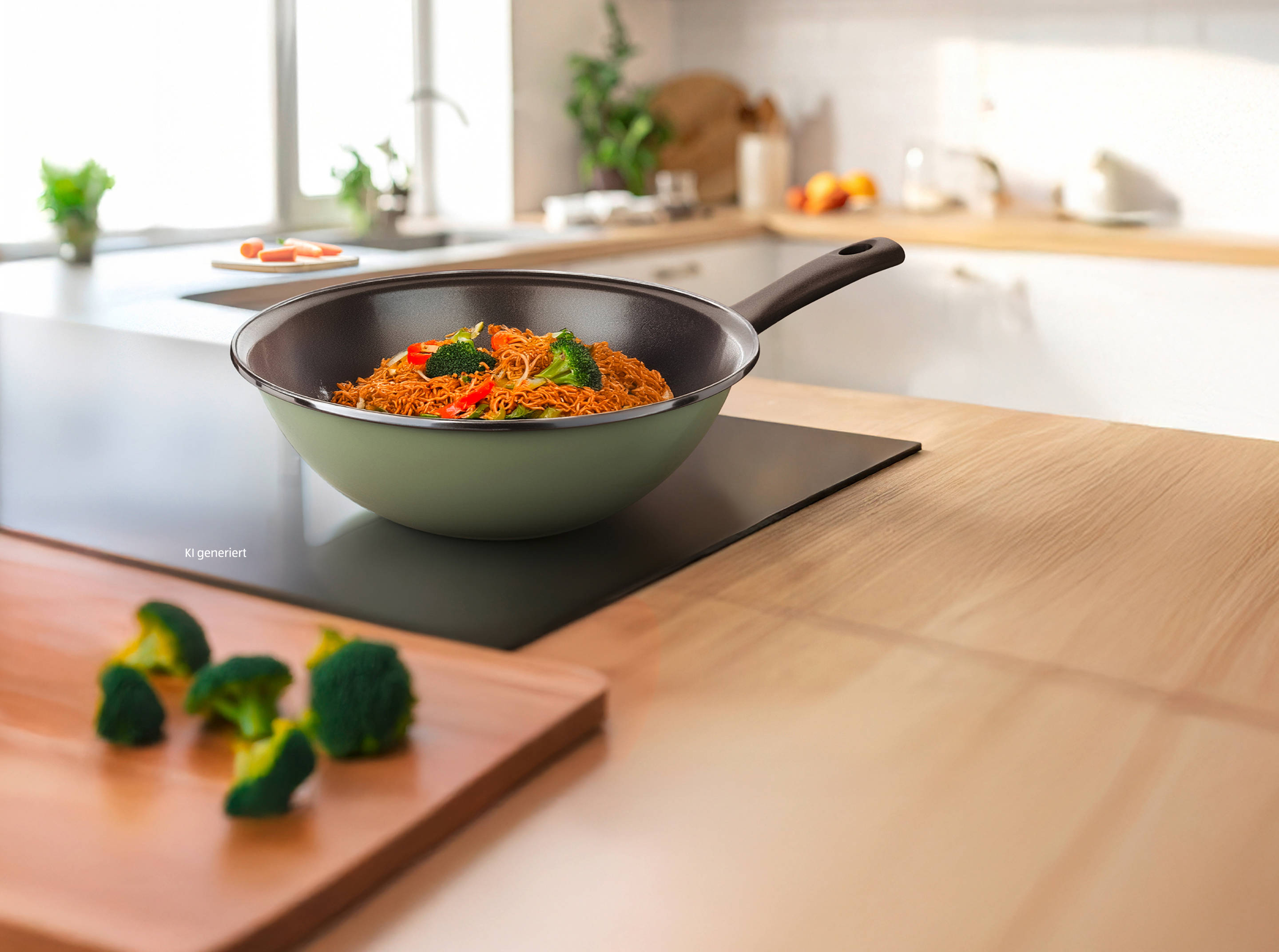 Gebratene Nudeln mit Brokkoli in einer modernen Küche.