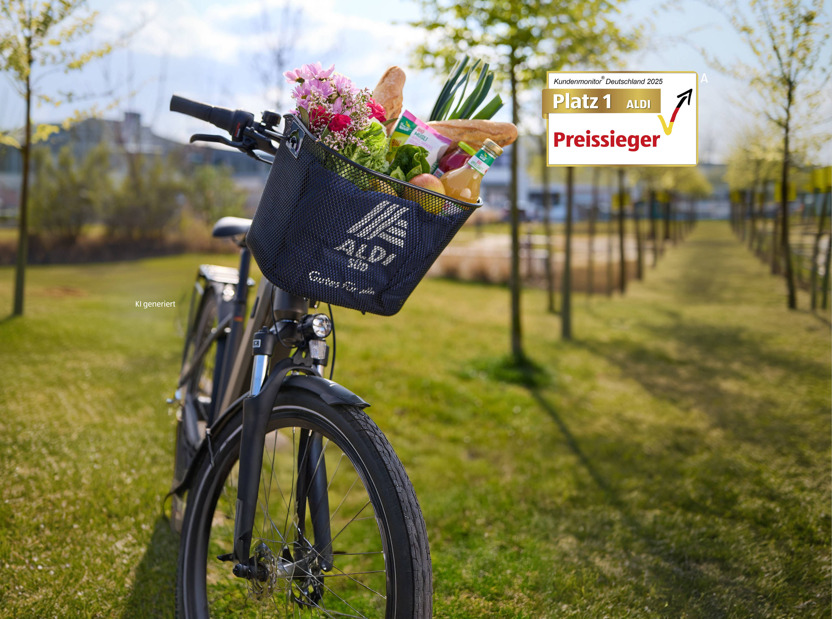 Fahrrad mit ALDI SÜD Korb, gefüllt mit Lebensmitteln.