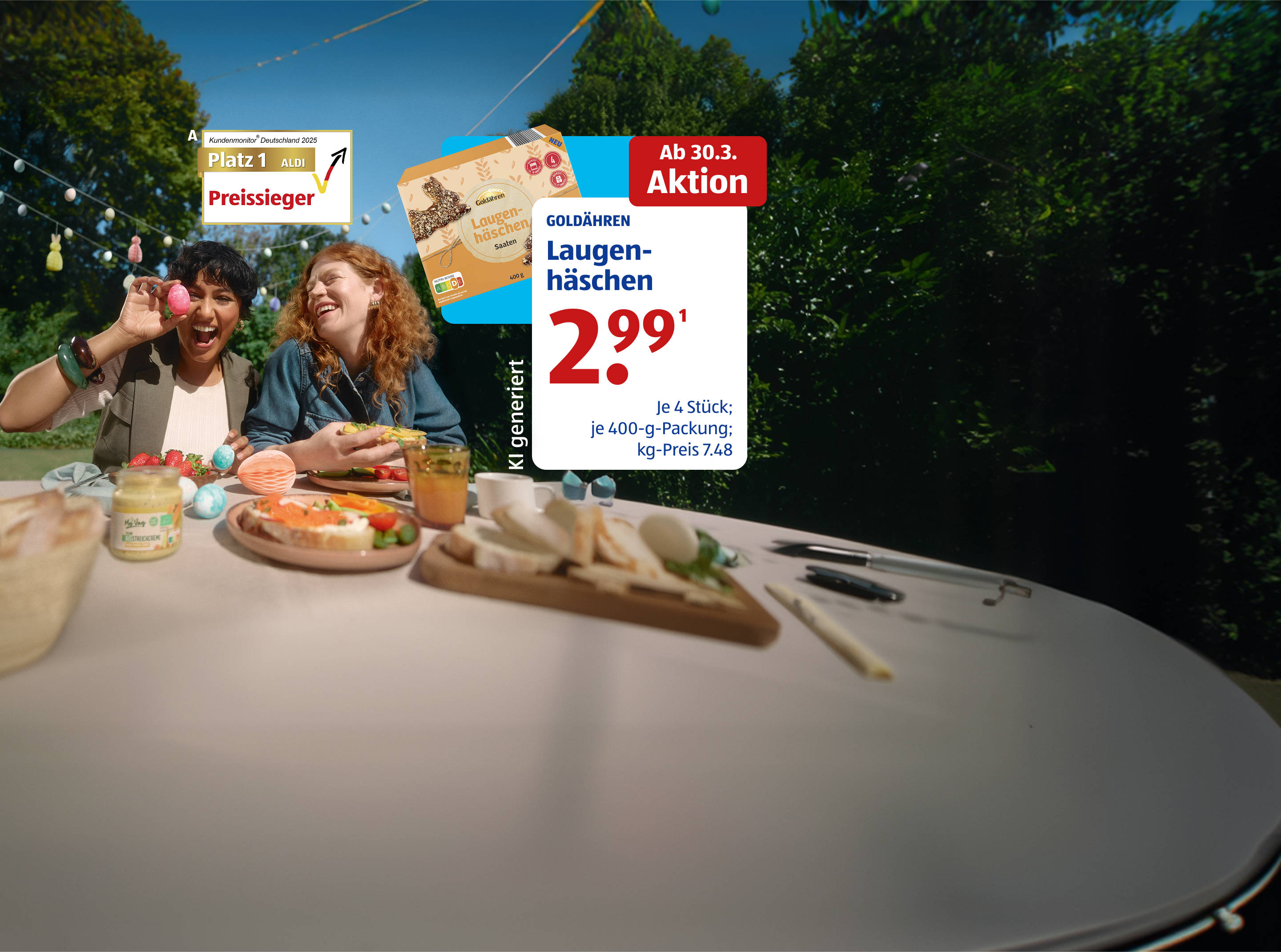 Frühlingshafter Outdoor-Tisch mit Osterdekorationen und Speisen.