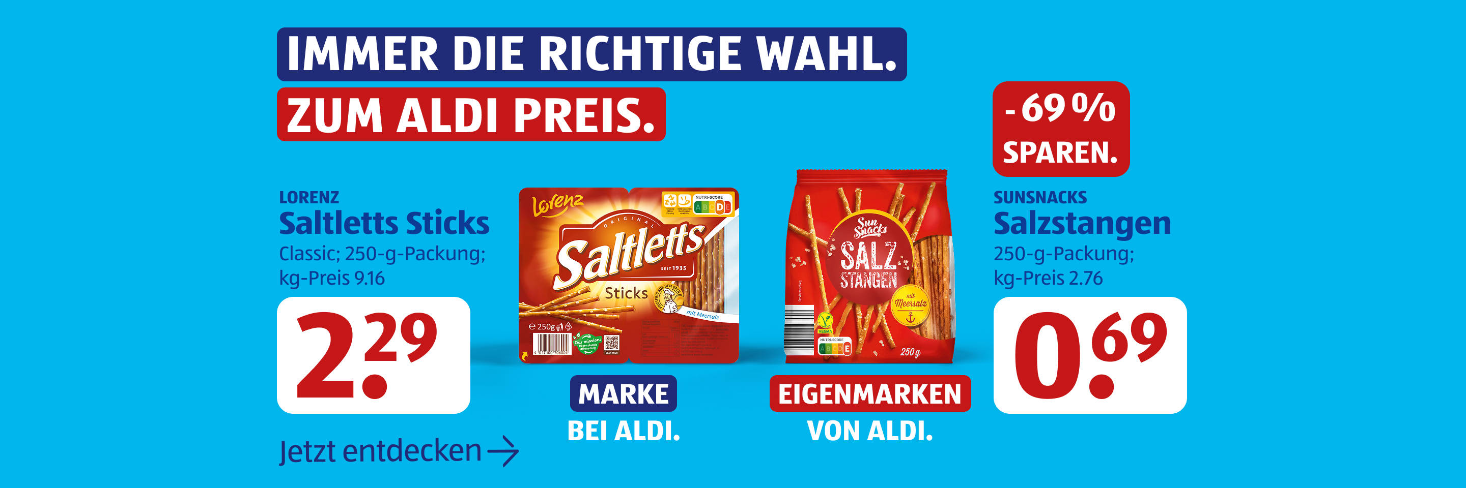 Preisvergleich von ALDI Snacksticks mit deutlich hervorgehobenen Sparvorteilen.