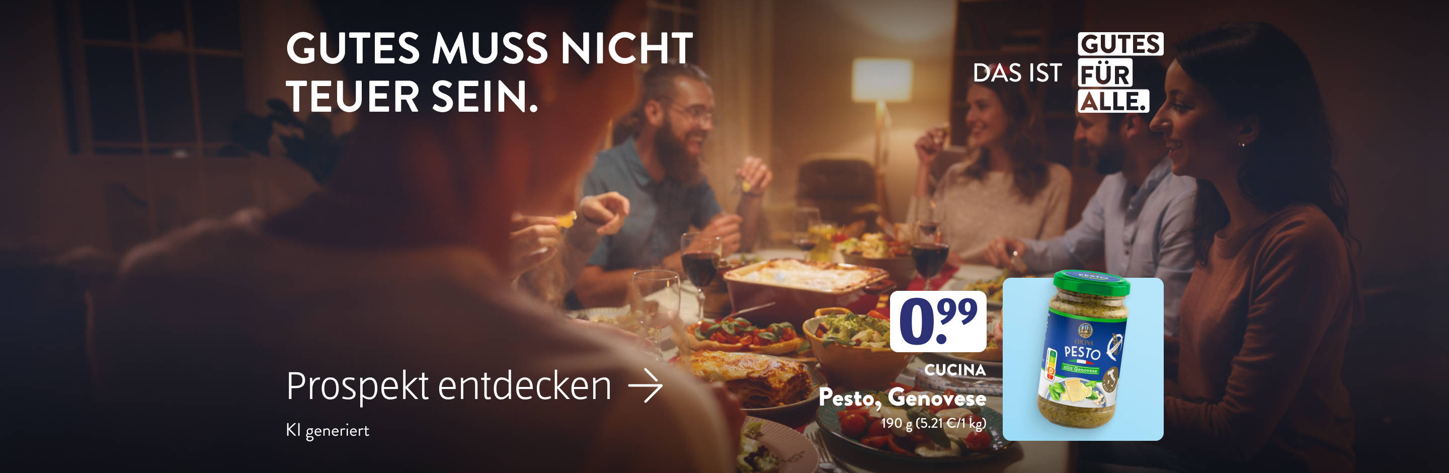 Abendessen mit Pesto‑Aktion und Preisoverlay.