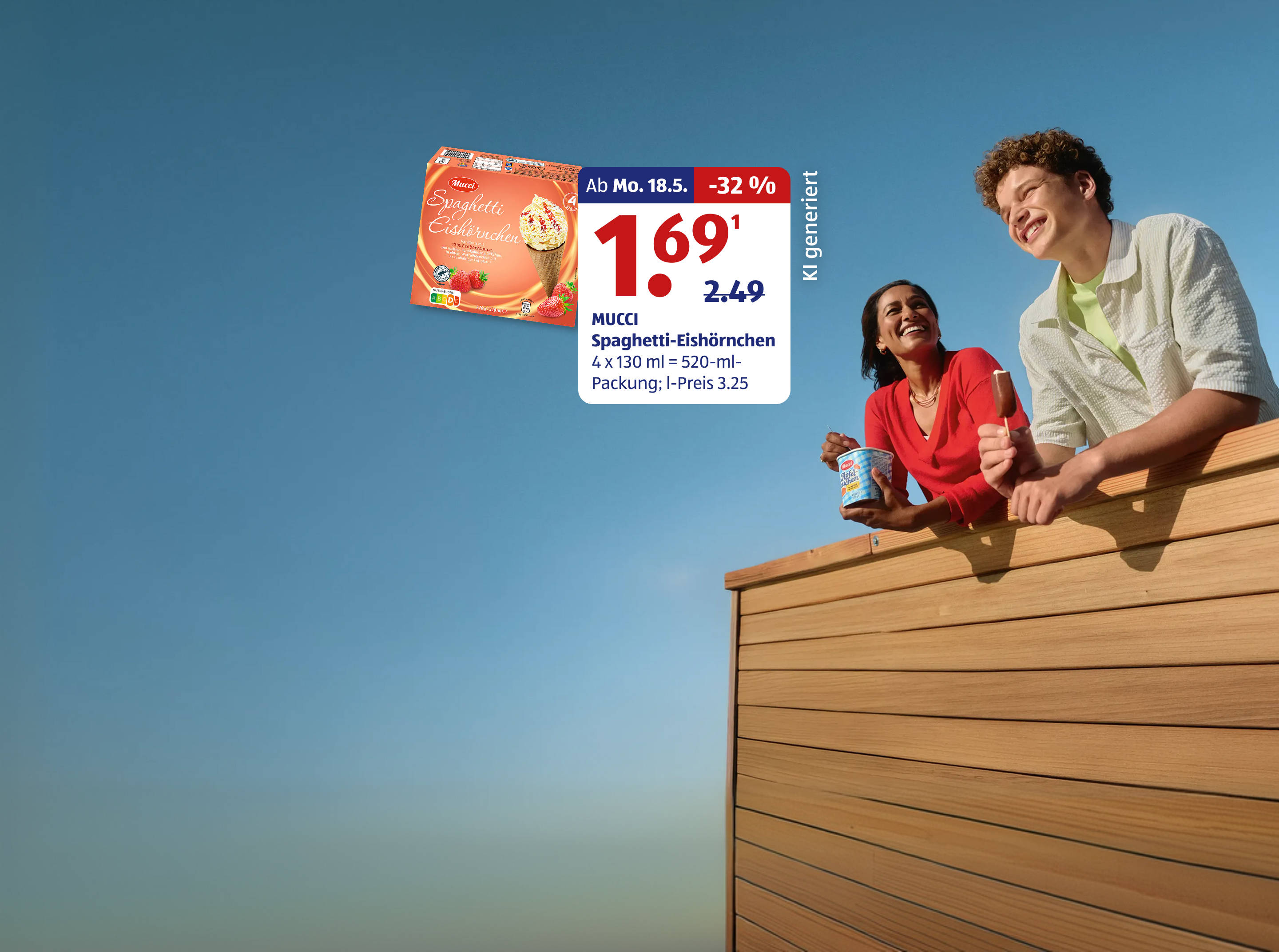 Aldi Eisangebot mit lächelnden Freunden.