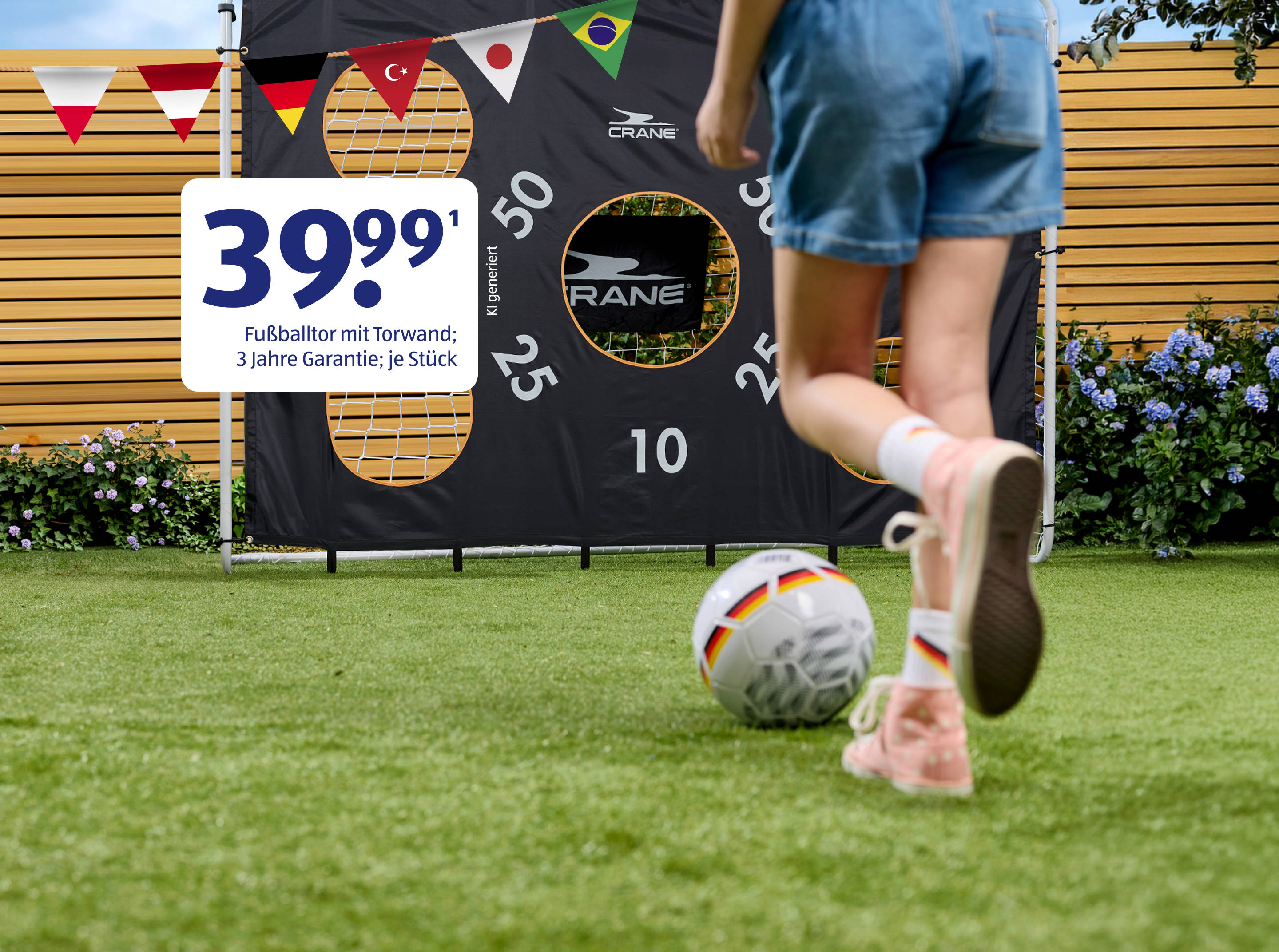 Kind schießt einen Fußball auf ein Tor mit Zielscheibe.