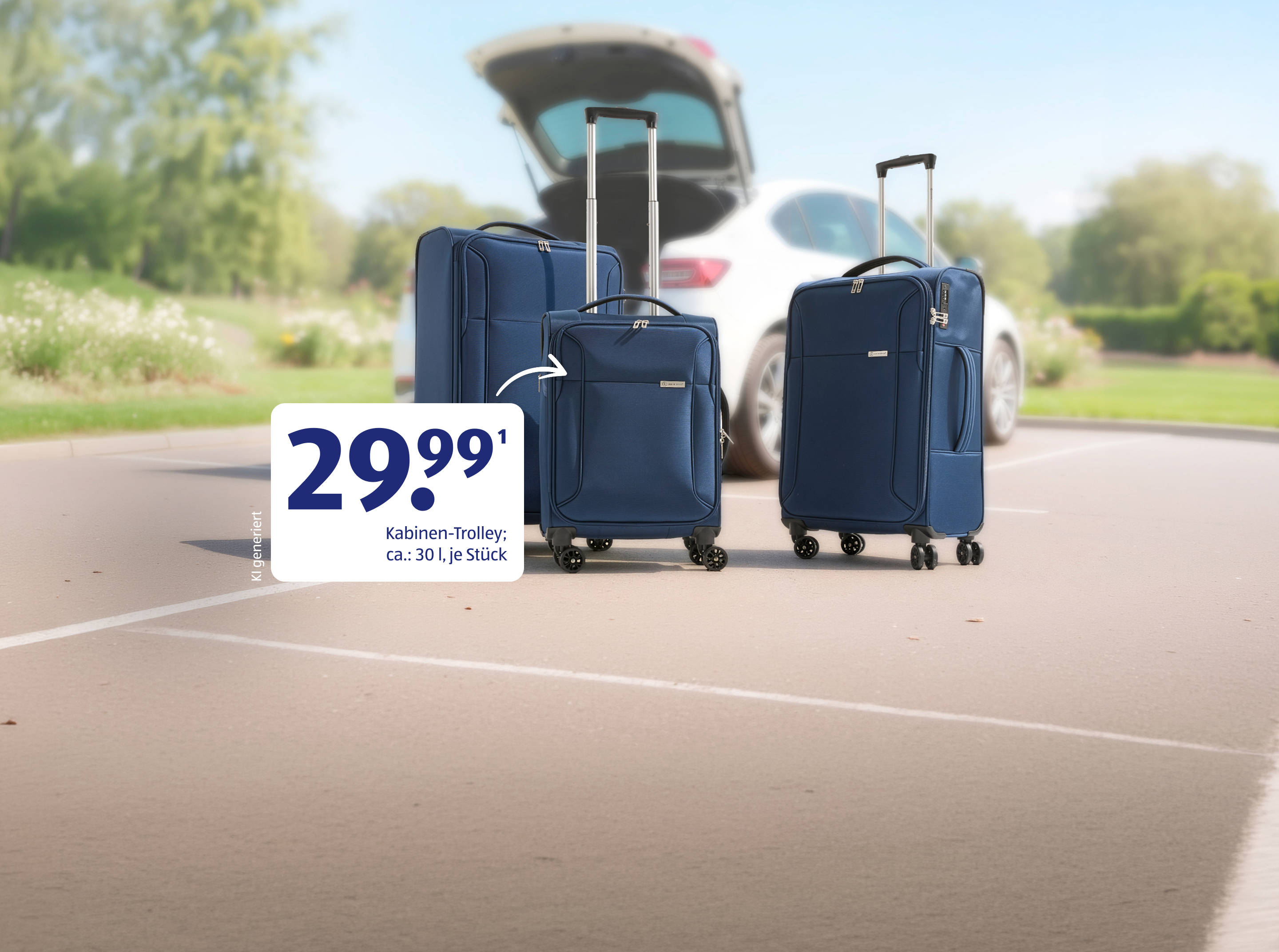 Blaues Trolley‑Kofferset neben einem offenen Auto.