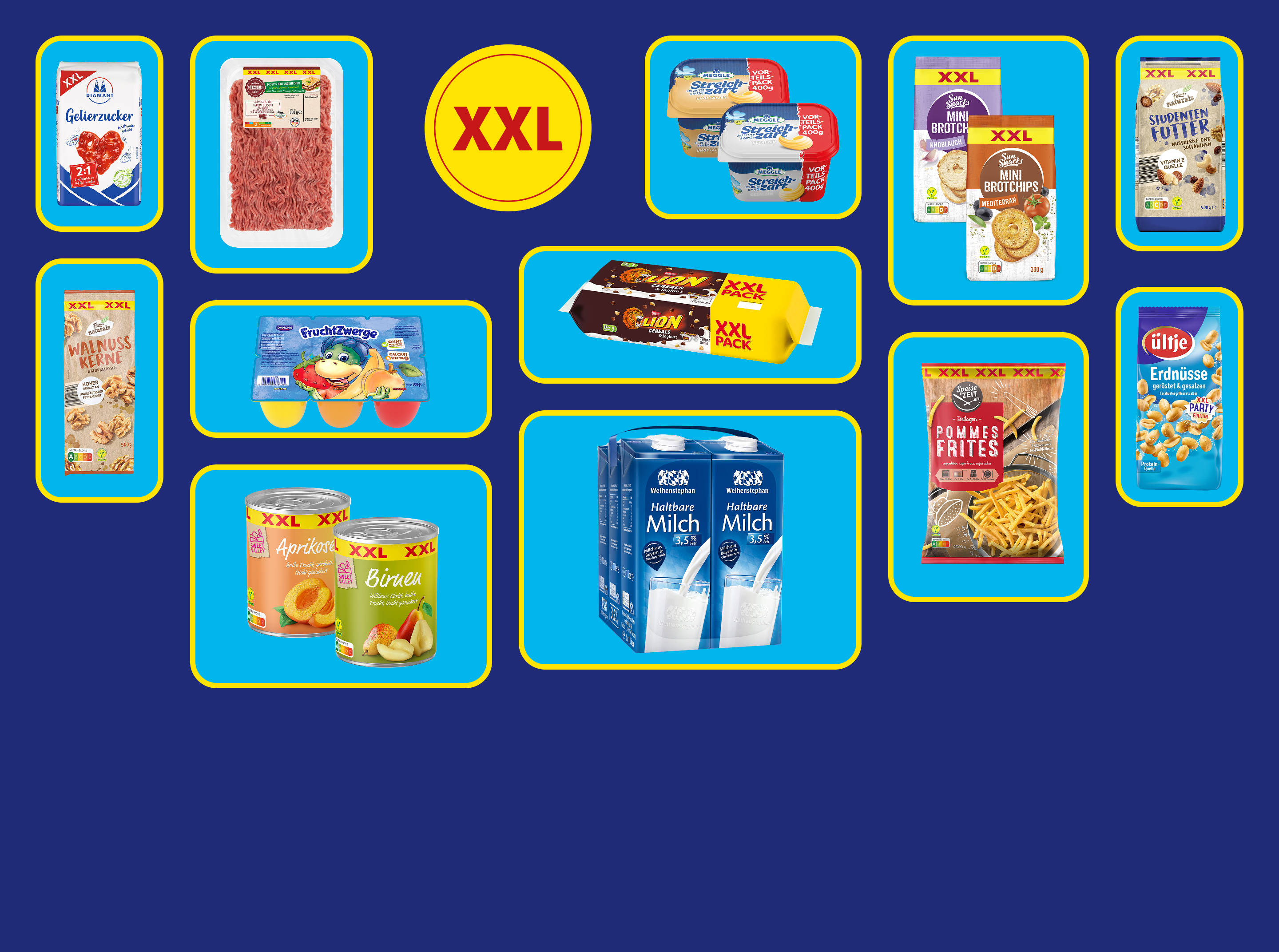 Assorted XXL supermarket food product selection.