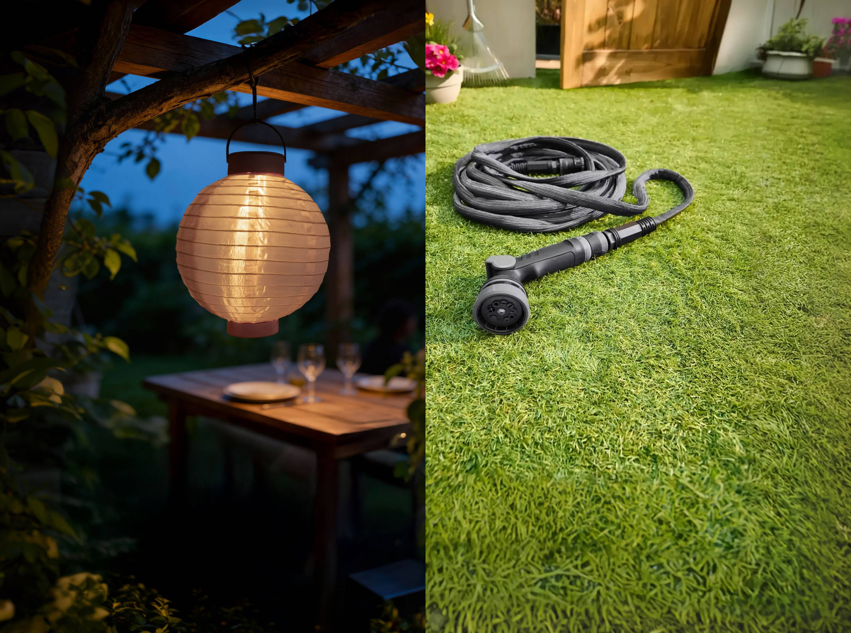 Gartenlaterne und aufgerollter Gartenschlauch.