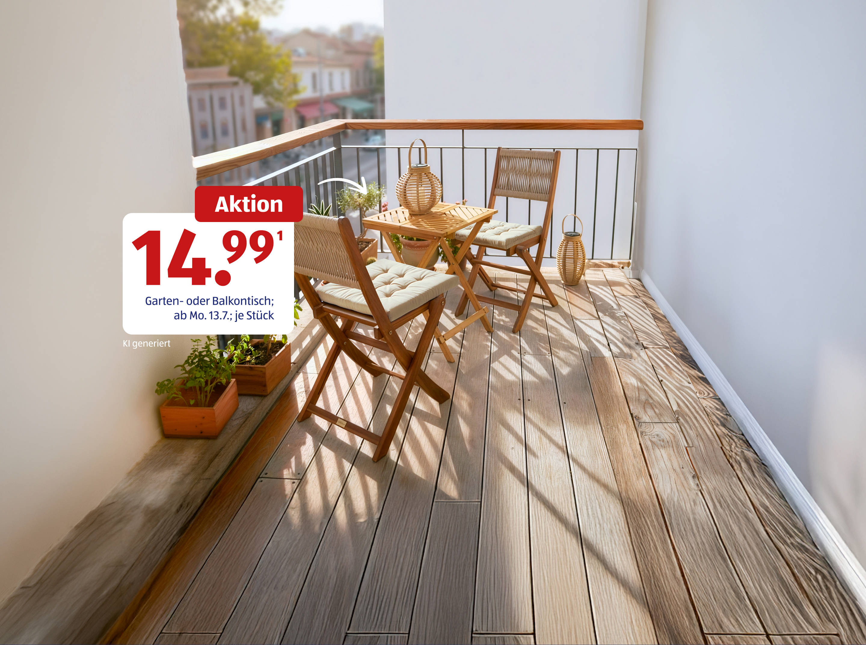 Sonniger Balkon mit Gartenmöbeln aus Holz.