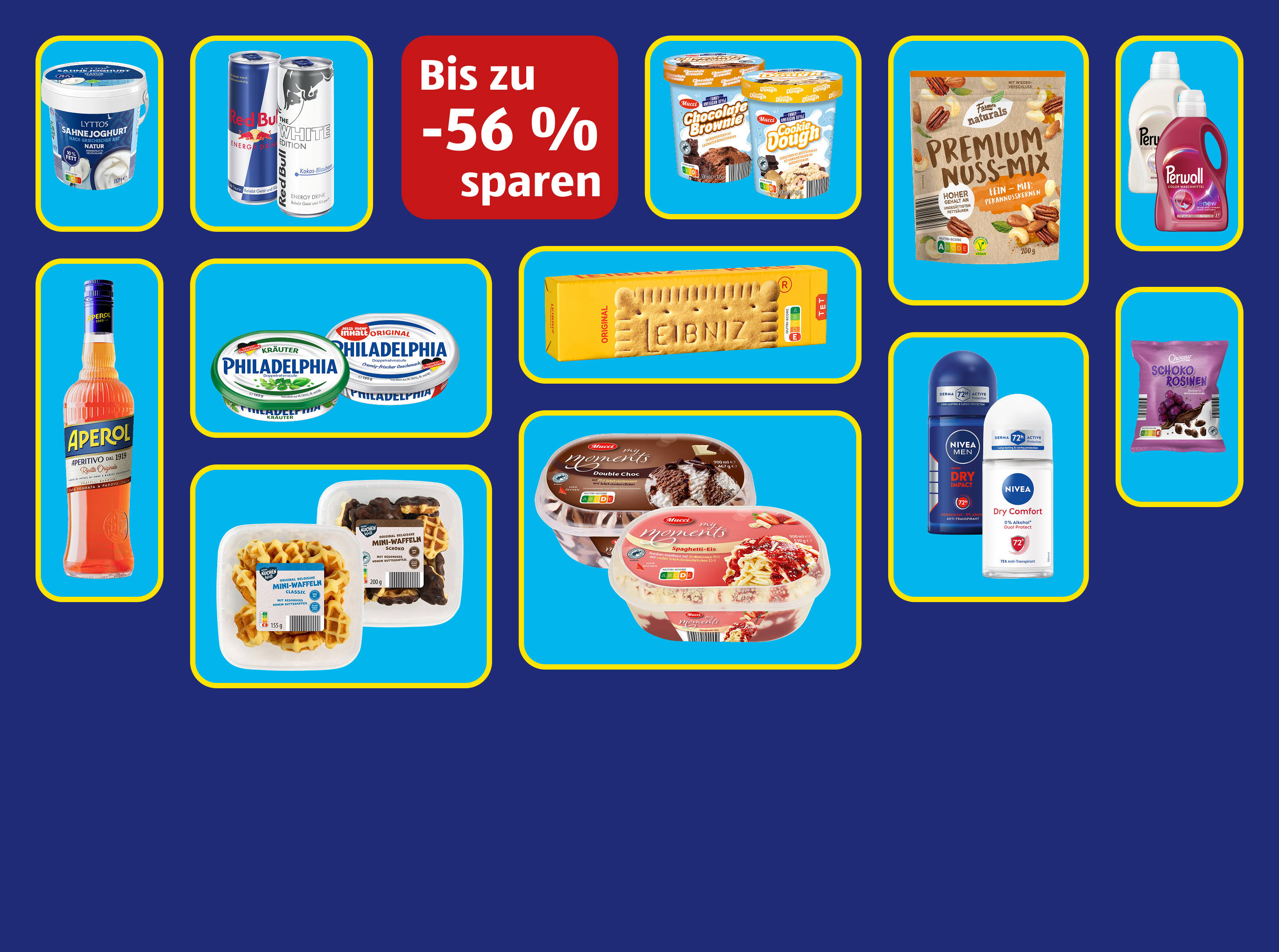 Collage einer deutschen Supermarktaktion mit Produkten.